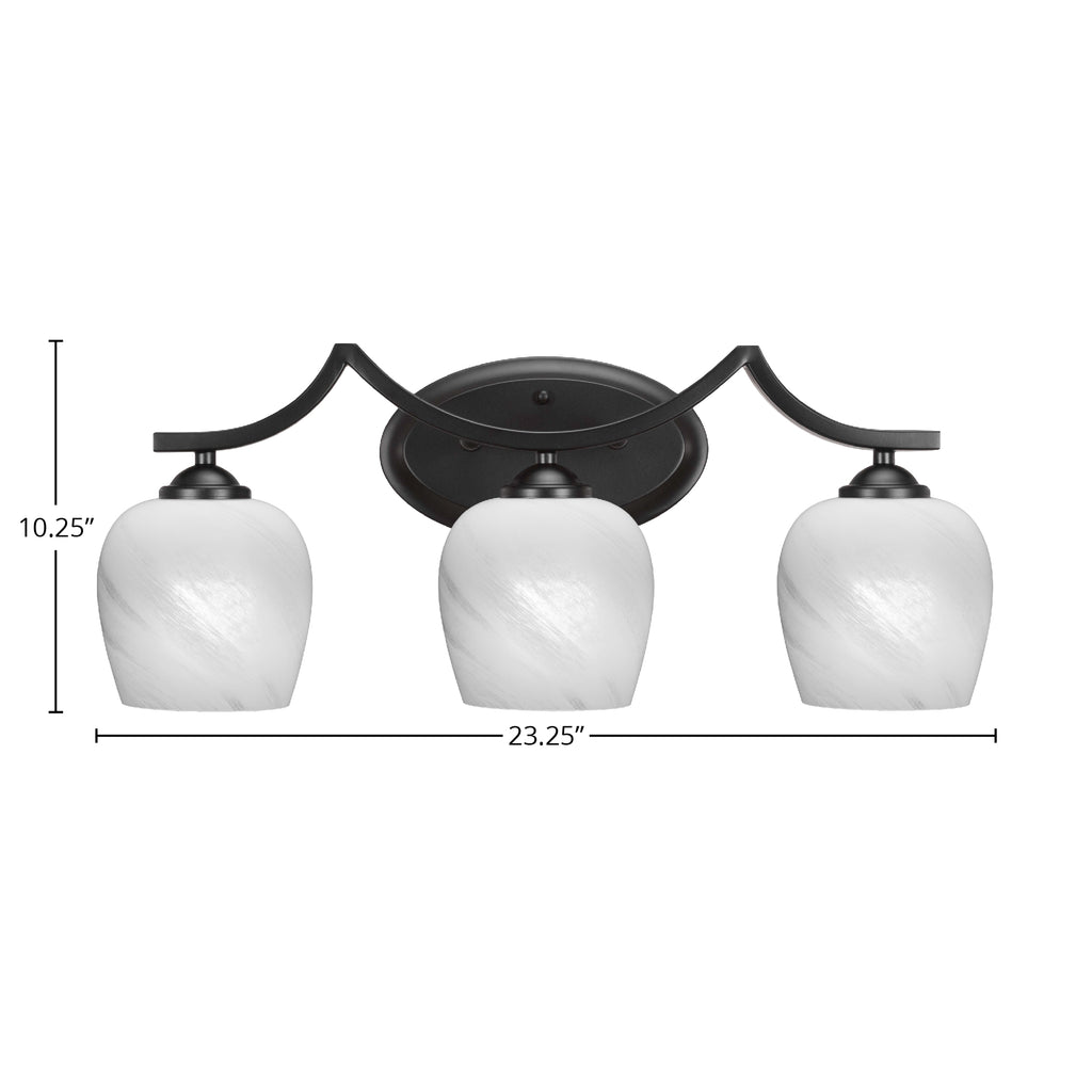 Zilo Three Light Bath Bar in Matte Black with 6" White Marble Shade