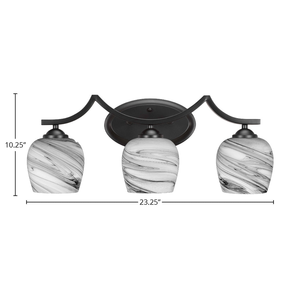 Zilo Three Light Bath Bar in Matte Black with 6" Onyx Swirl Shade