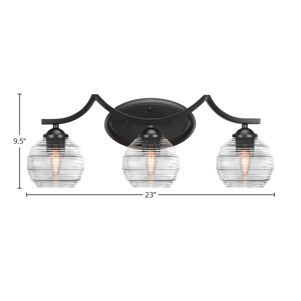 Zilo Three Light Bath Bar in Matte Black with 6" Clear Ribbed Shade