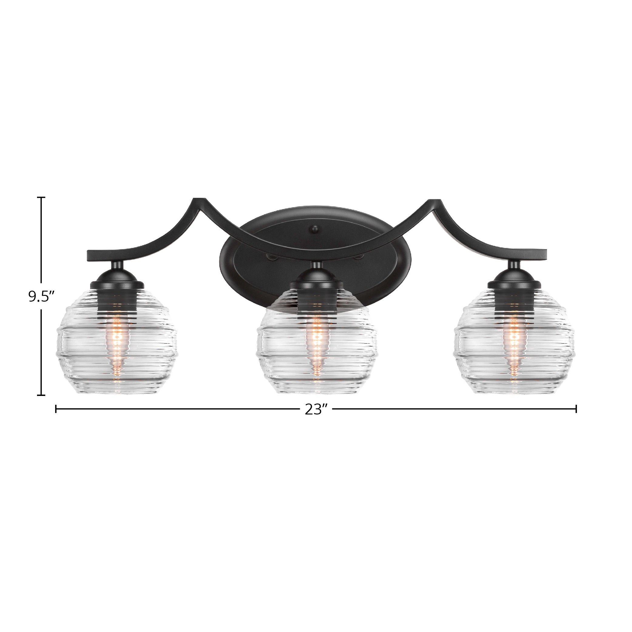 Zilo Three Light Bath Bar in Matte Black with 6" Clear Ribbed Shade