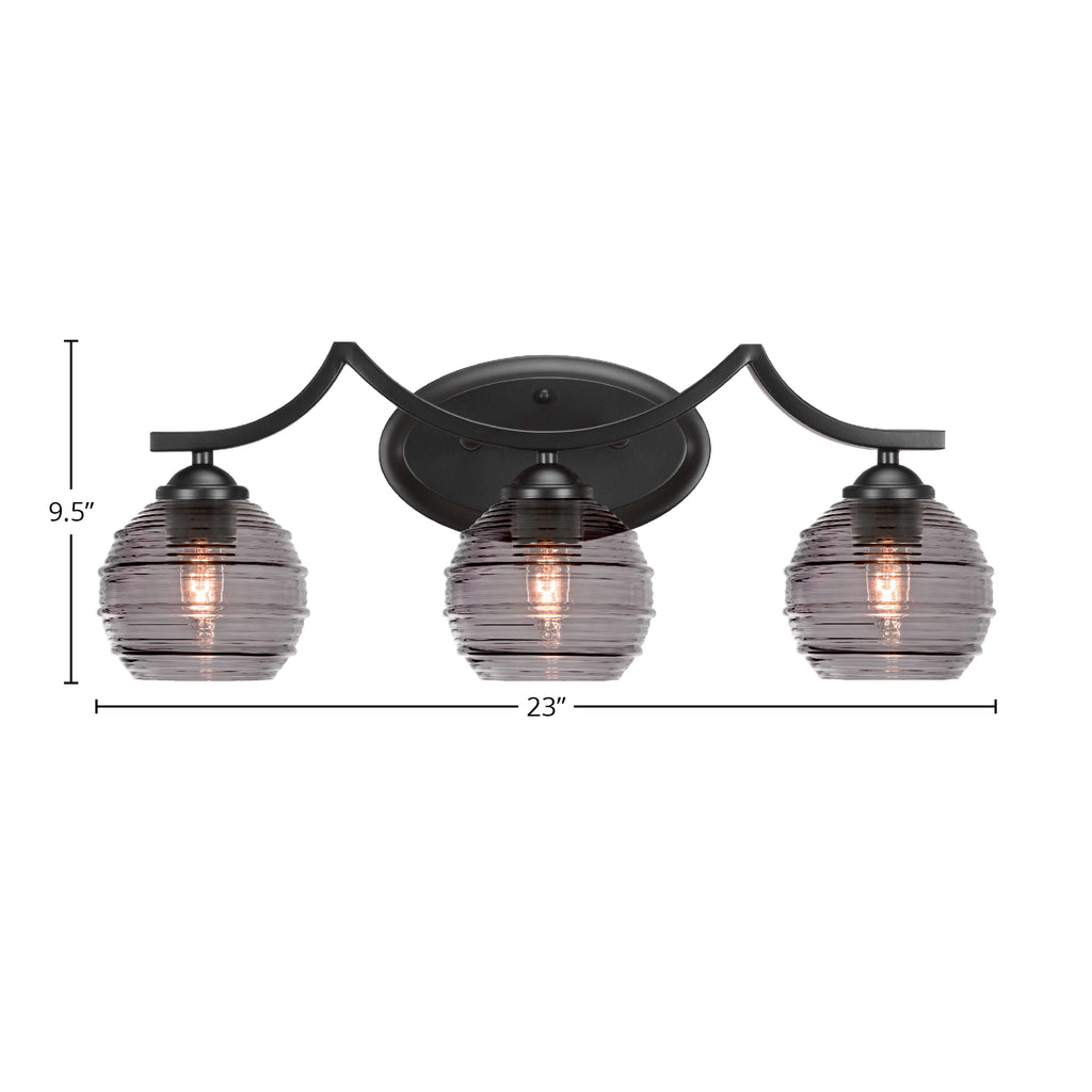 Zilo Three Light Bath Bar in Matte Black with 6" Smoke Ribbed Shade