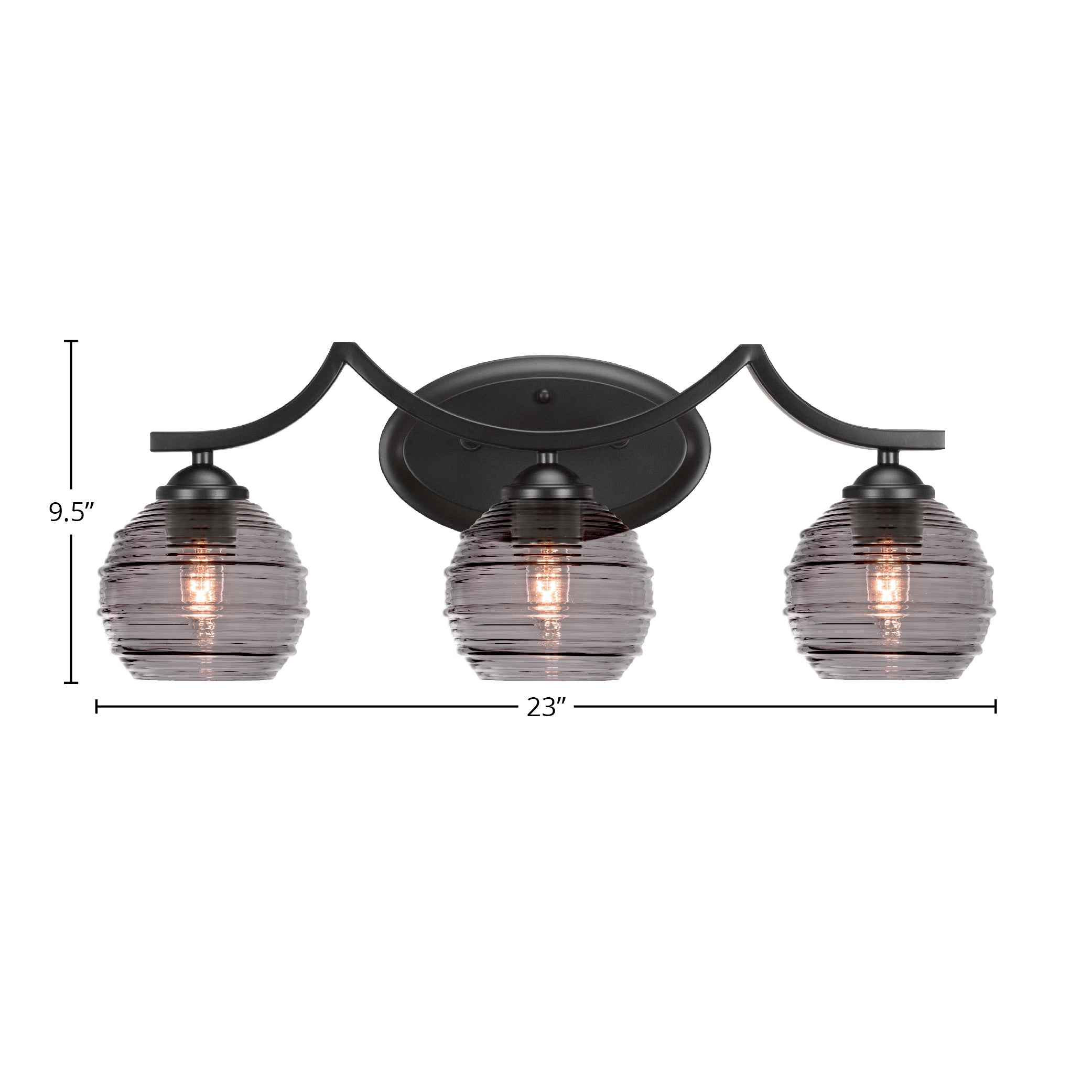 Zilo Three Light Bath Bar in Matte Black with 6" Smoke Ribbed Shade