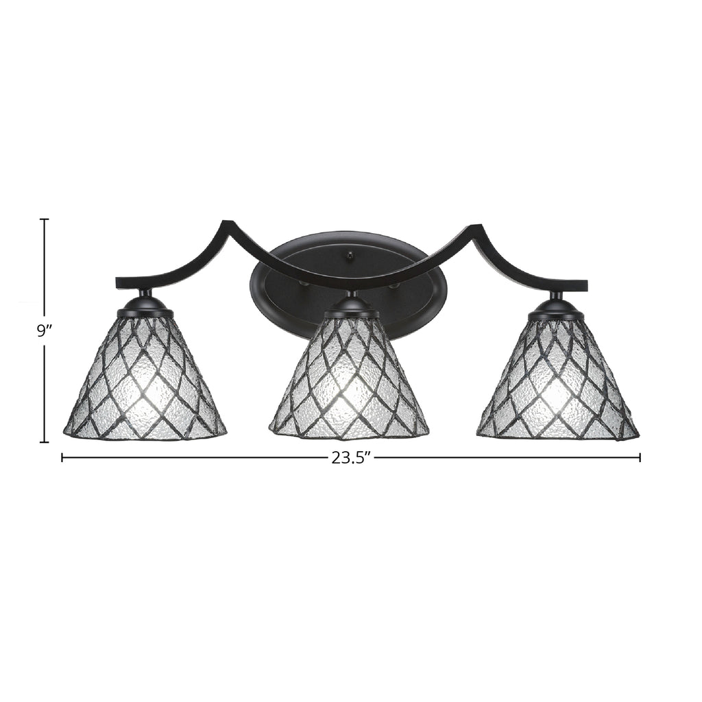Zilo Three Light Bath Bar in Matte Black with 7" Diamond Ice Art Glass Shade