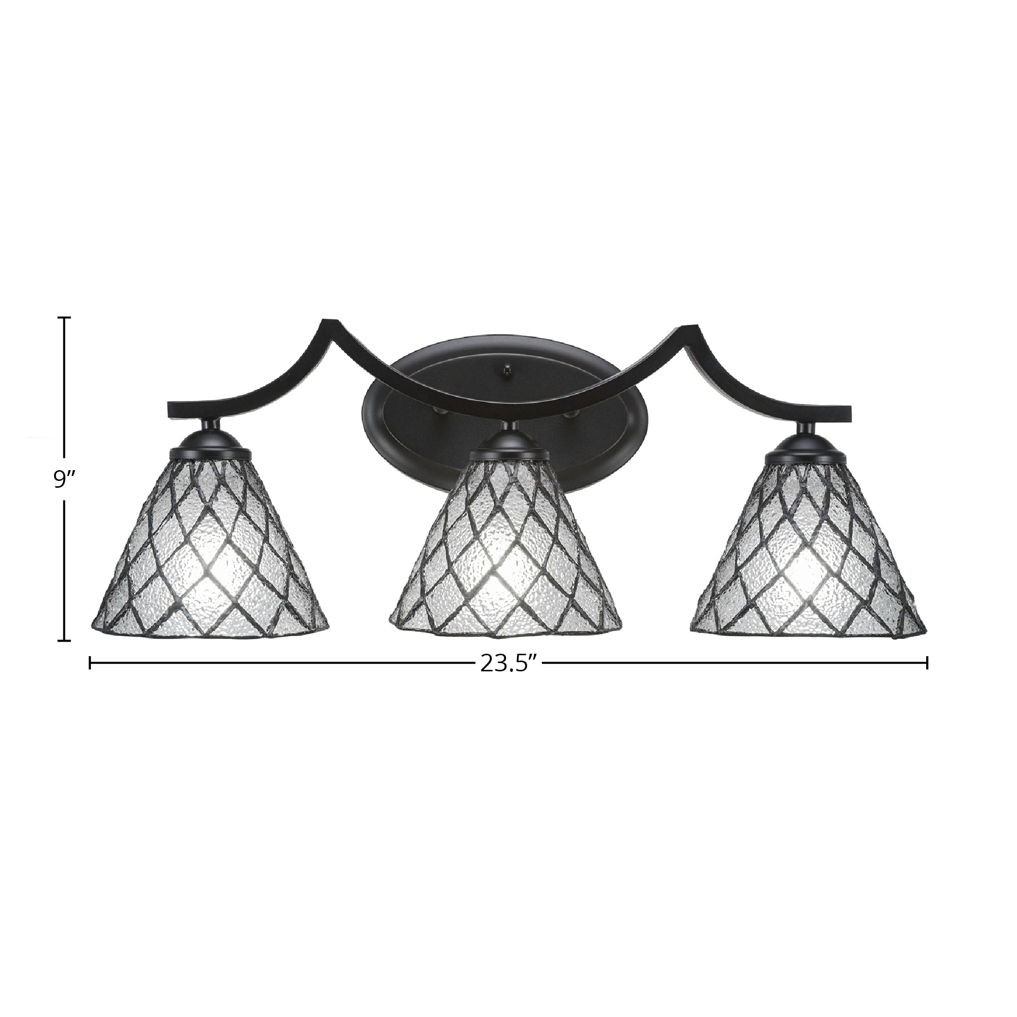 Zilo Three Light Bath Bar in Matte Black with 7" Diamond Ice Art Glass Shade