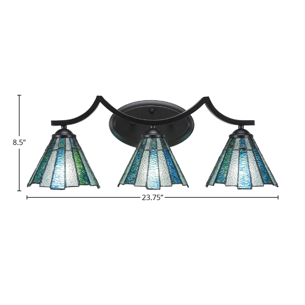 Zilo Three Light Bath Bar in Matte Black with 7" Sea Ice Art Glass Shade