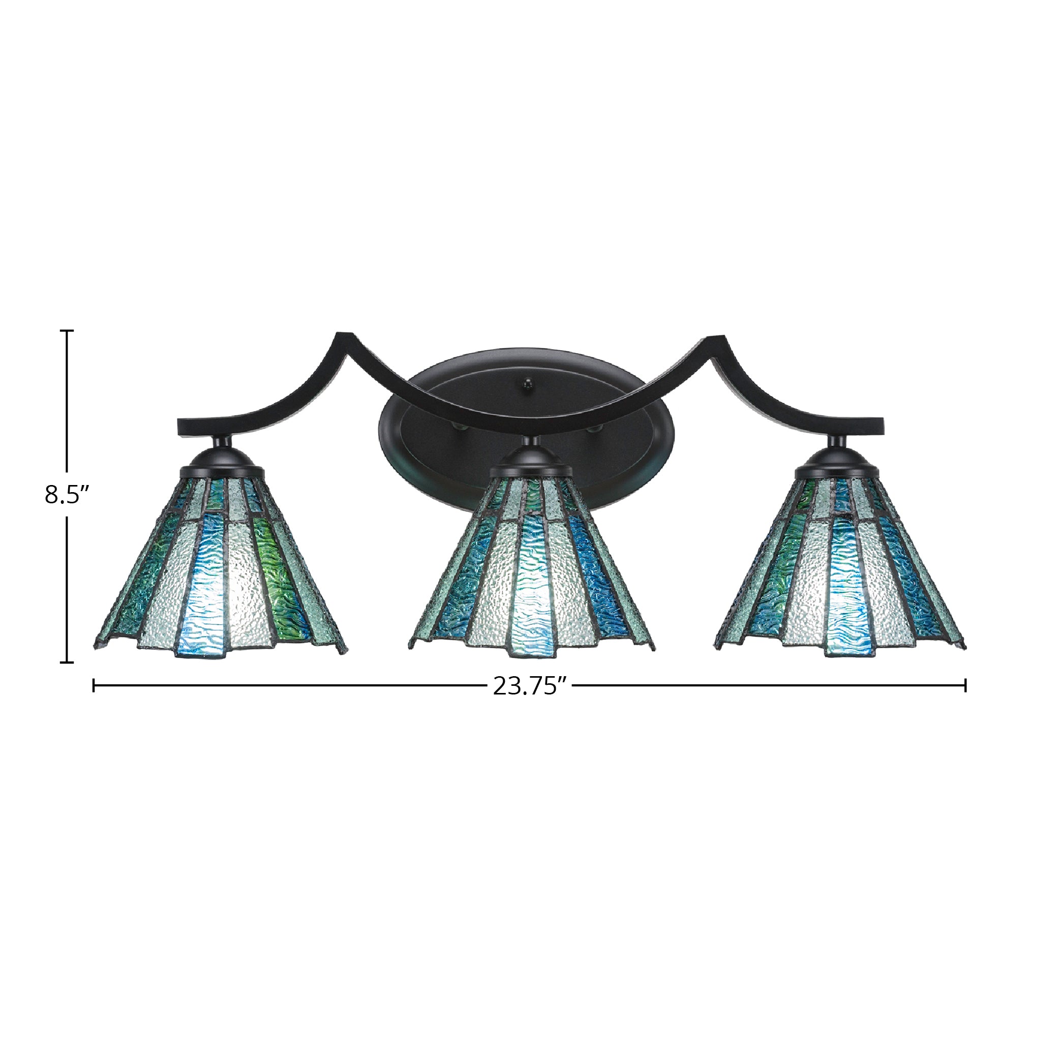 Zilo Three Light Bath Bar in Matte Black with 7" Sea Ice Art Glass Shade