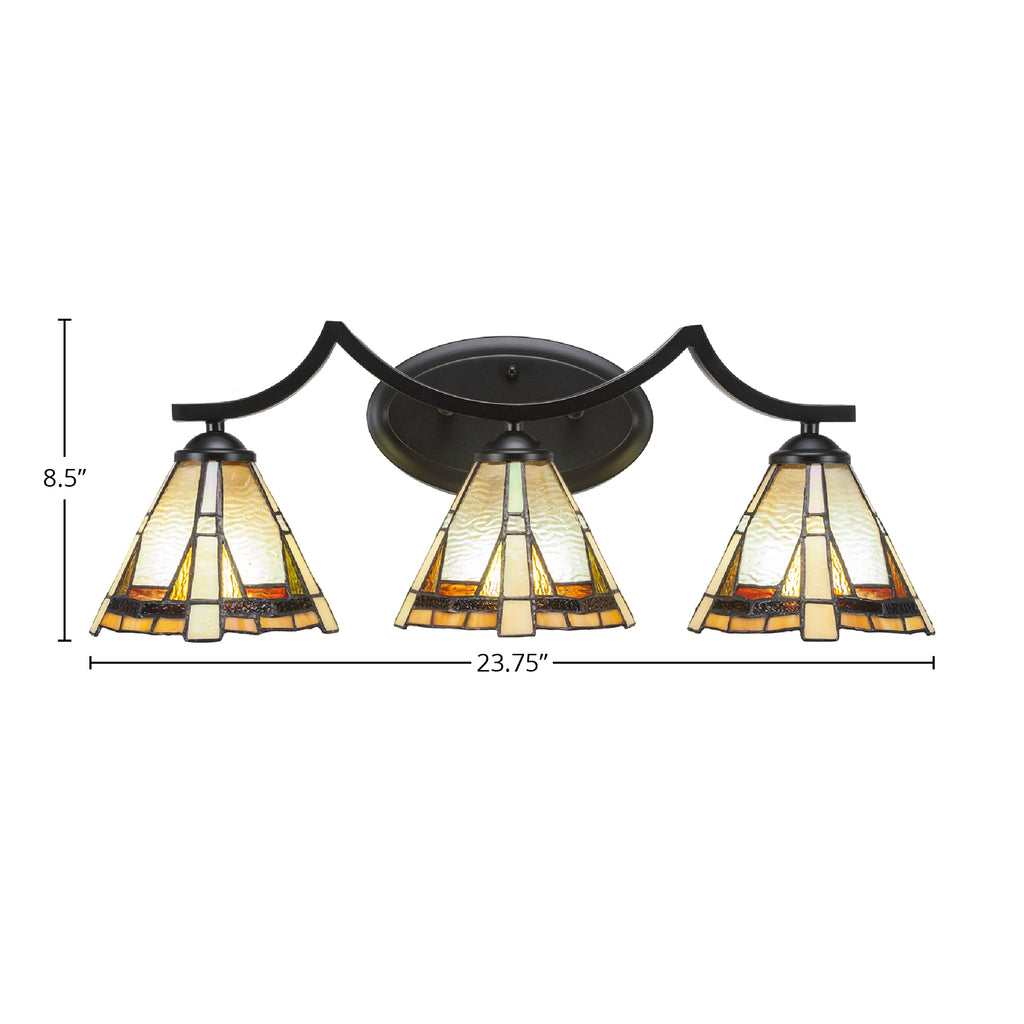 Zilo Three Light Bath Bar in Matte Black with 7" Zion Art Glass Shade