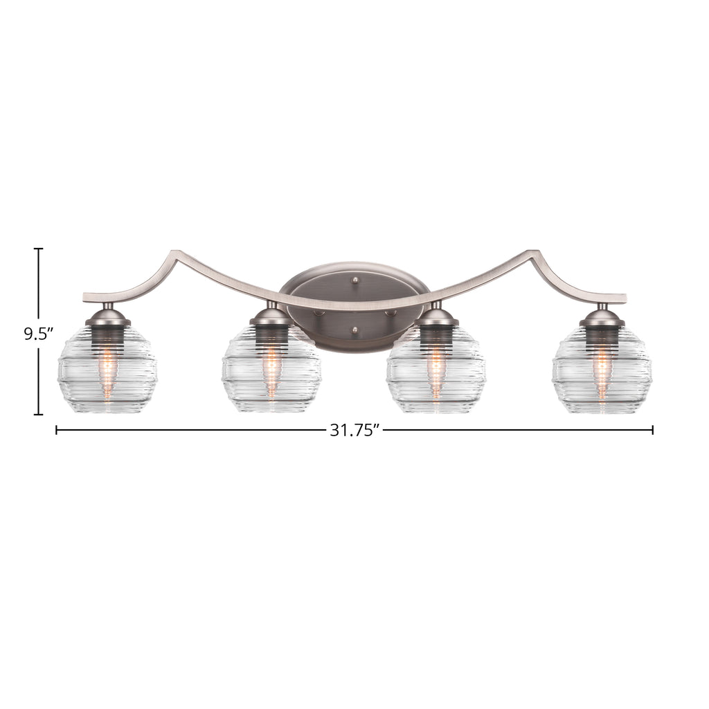 Zilo Four Light Bath Bar in Graphite with 6" Clear Ribbed Shade