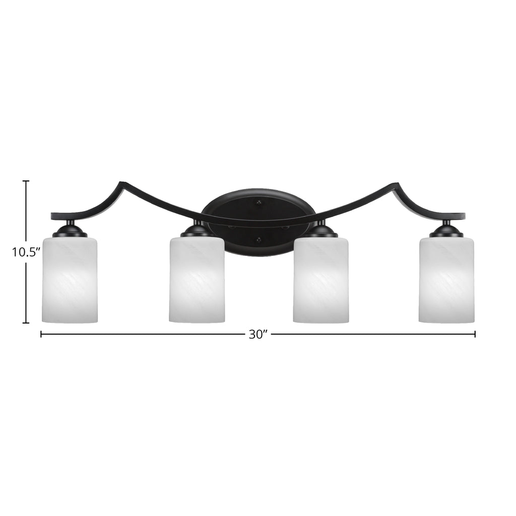 Zilo Four Light Bath Bar in Matte Black with 4" White Marble Shade