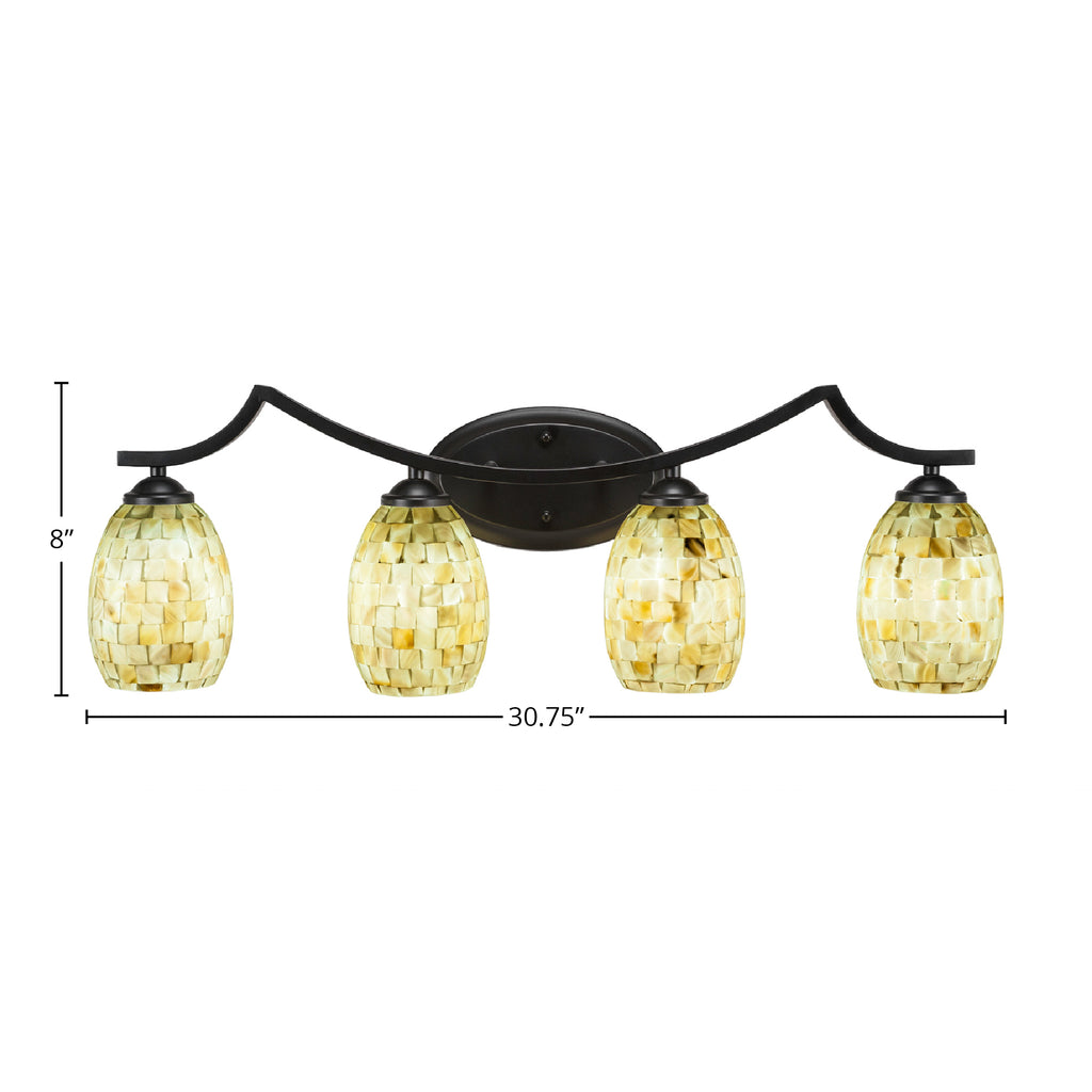 Zilo Four Light Bath Bar in Matte Black with 5" Ivory Glaze Seashell Shade