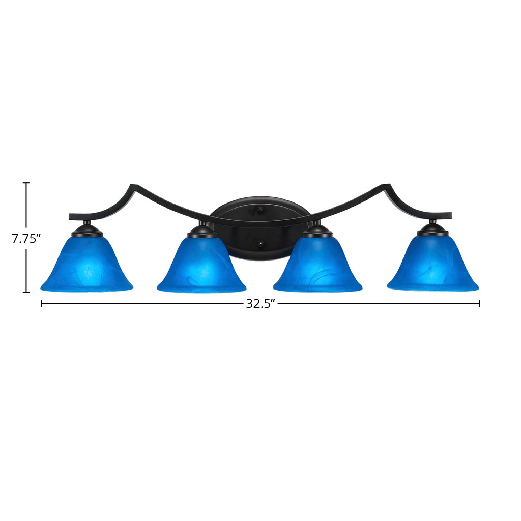 Zilo Four Light Bath Bar in Matte Black with 7" Blue Italian Shade