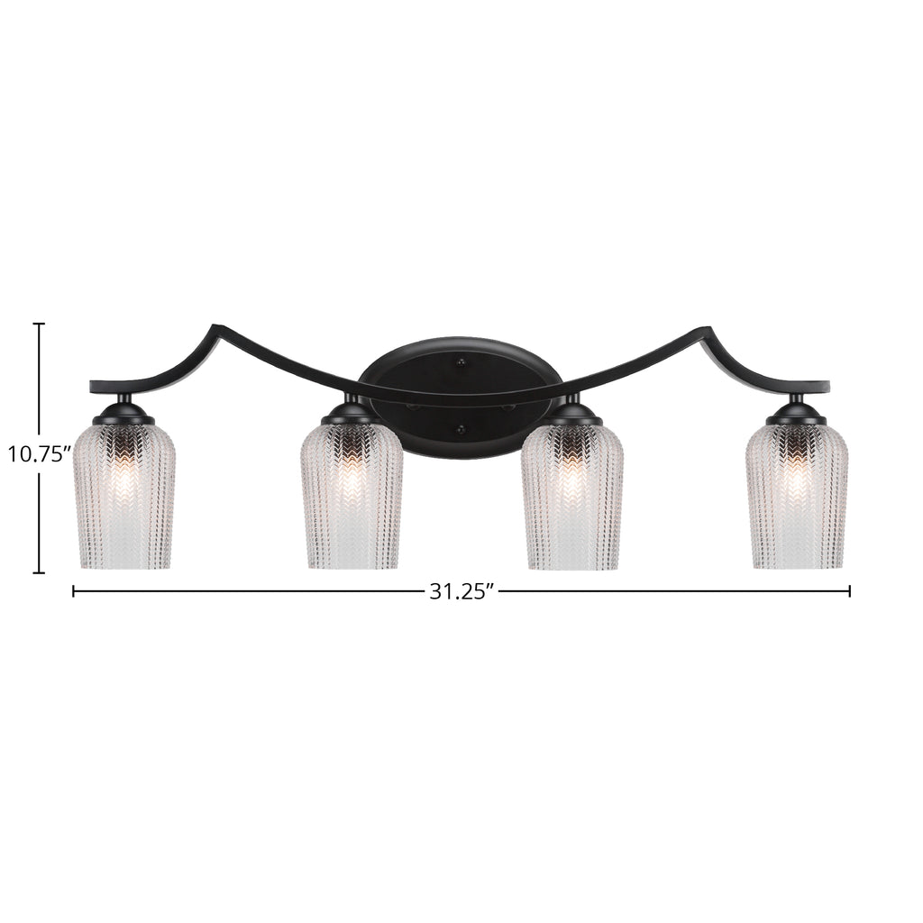 Zilo Four Light Bath Bar in Matte Black with 5" Clear Textured Shade