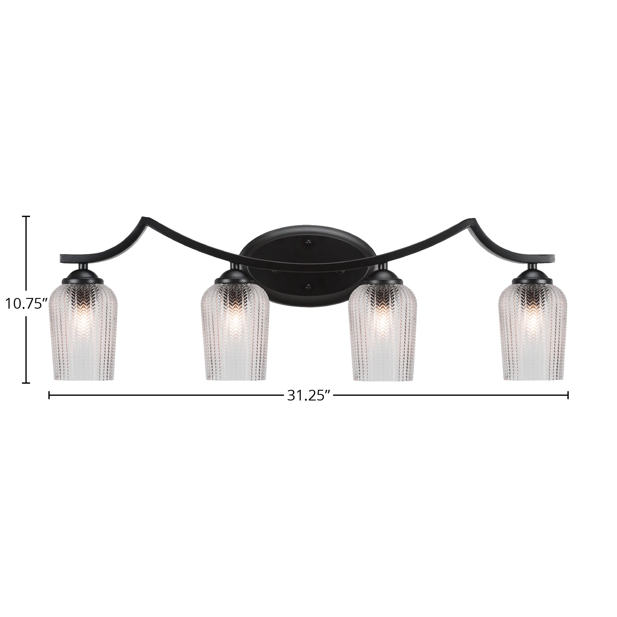 Zilo Four Light Bath Bar in Matte Black with 5" Clear Textured Shade