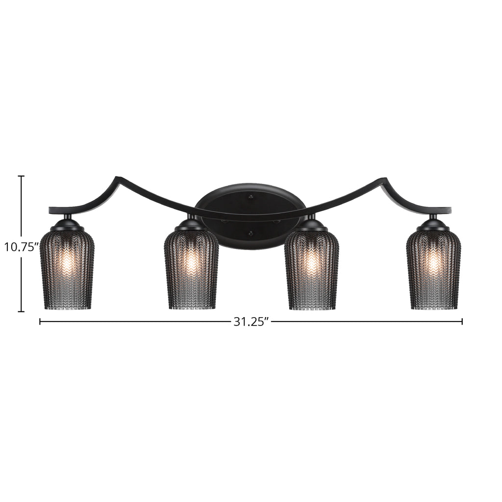 Zilo Four Light Bath Bar in Matte Black with 5" Smoke Textured Shade