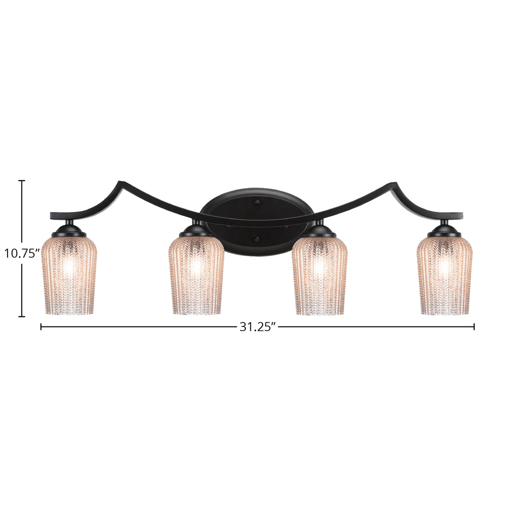 Zilo Four Light Bath Bar in Matte Black with 5" Silver Textured Shade