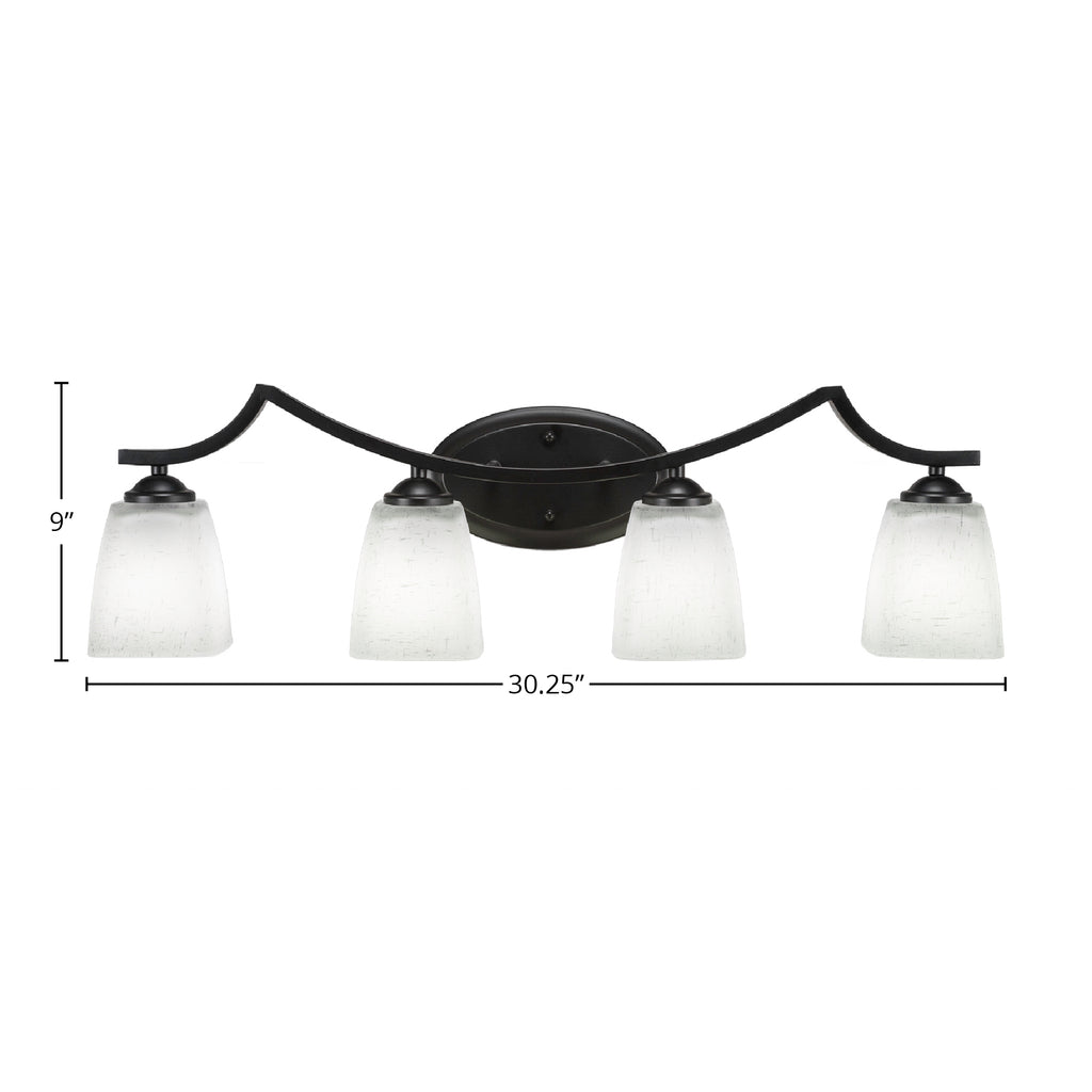 Zilo Four Light Bath Bar in Matte Black with 4.5" Square White Muslin Shade