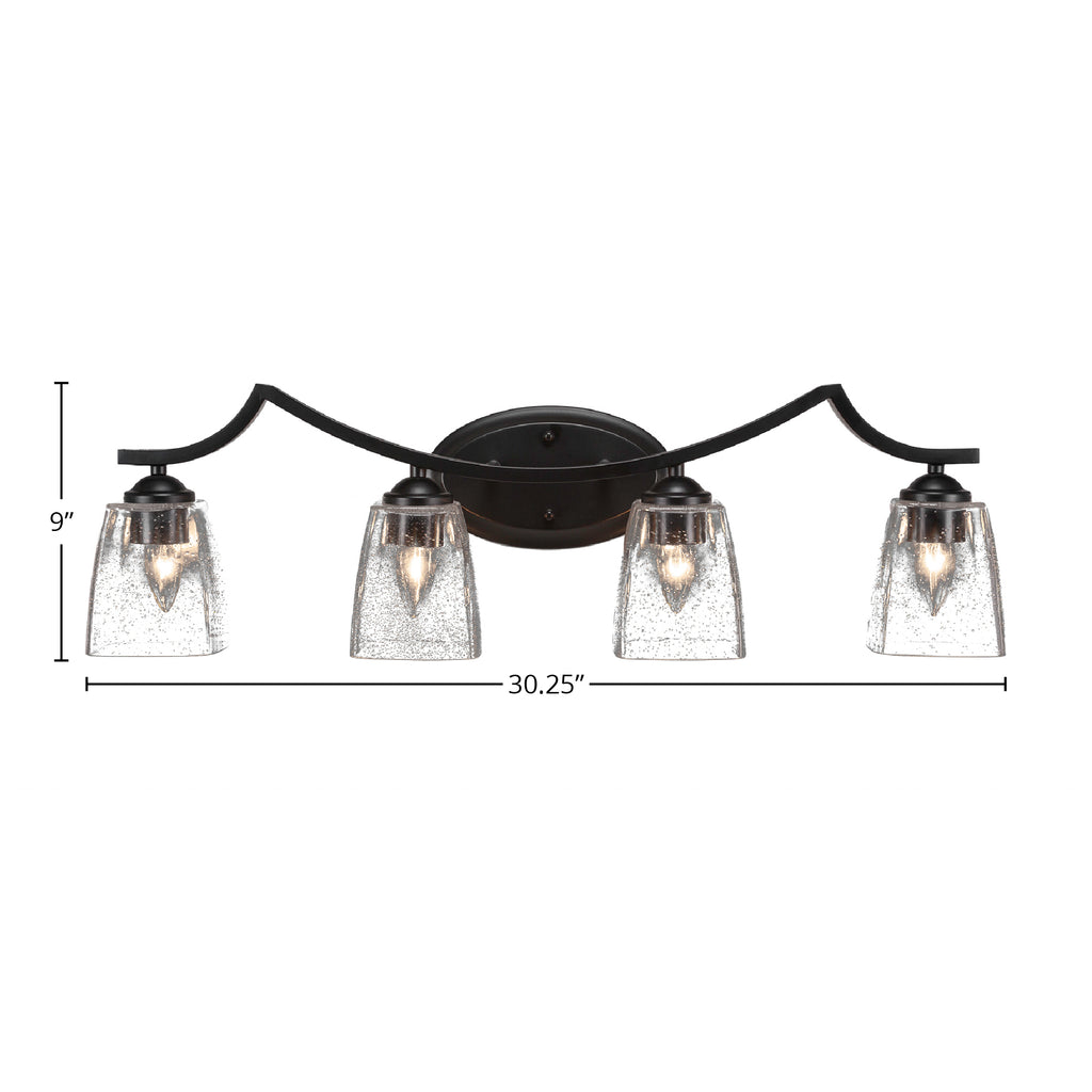Zilo Four Light Bath Bar in Matte Black with 4.5" Square Clear Bubble Shade