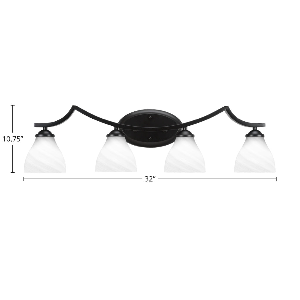 Zilo Four Light Bath Bar in Matte Black with 6.25" White Marble Shade