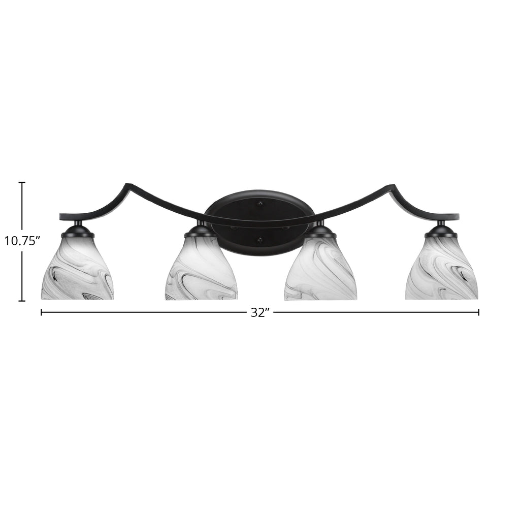 Zilo Four Light Bath Bar in Matte Black with 6.25" Onyx Swirl Shade