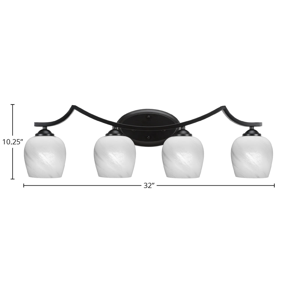 Zilo Four Light Bath Bar in Matte Black with 6" White Marble Shade
