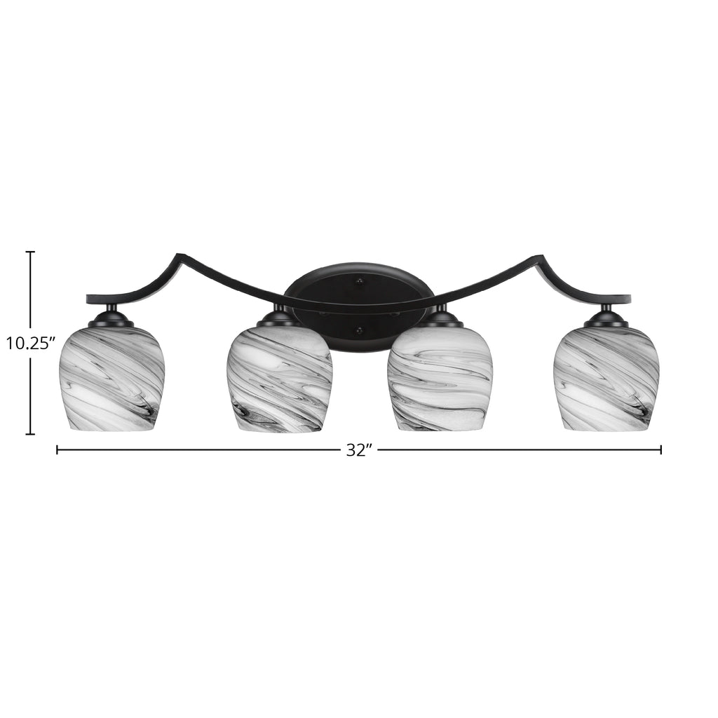 Zilo Four Light Bath Bar in Matte Black with 6" Onyx Swirl Shade