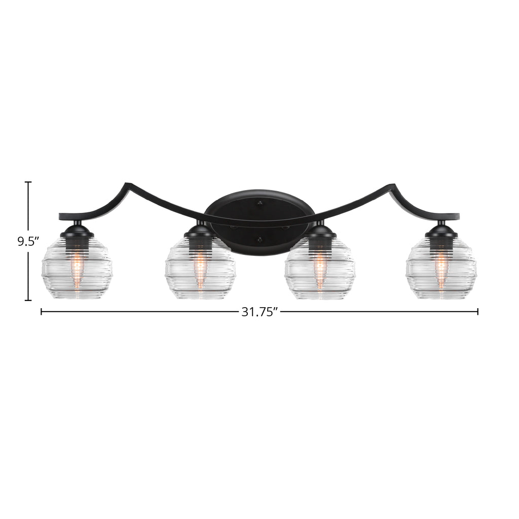 Zilo Four Light Bath Bar in Matte Black with 6" Clear Ribbed Shade