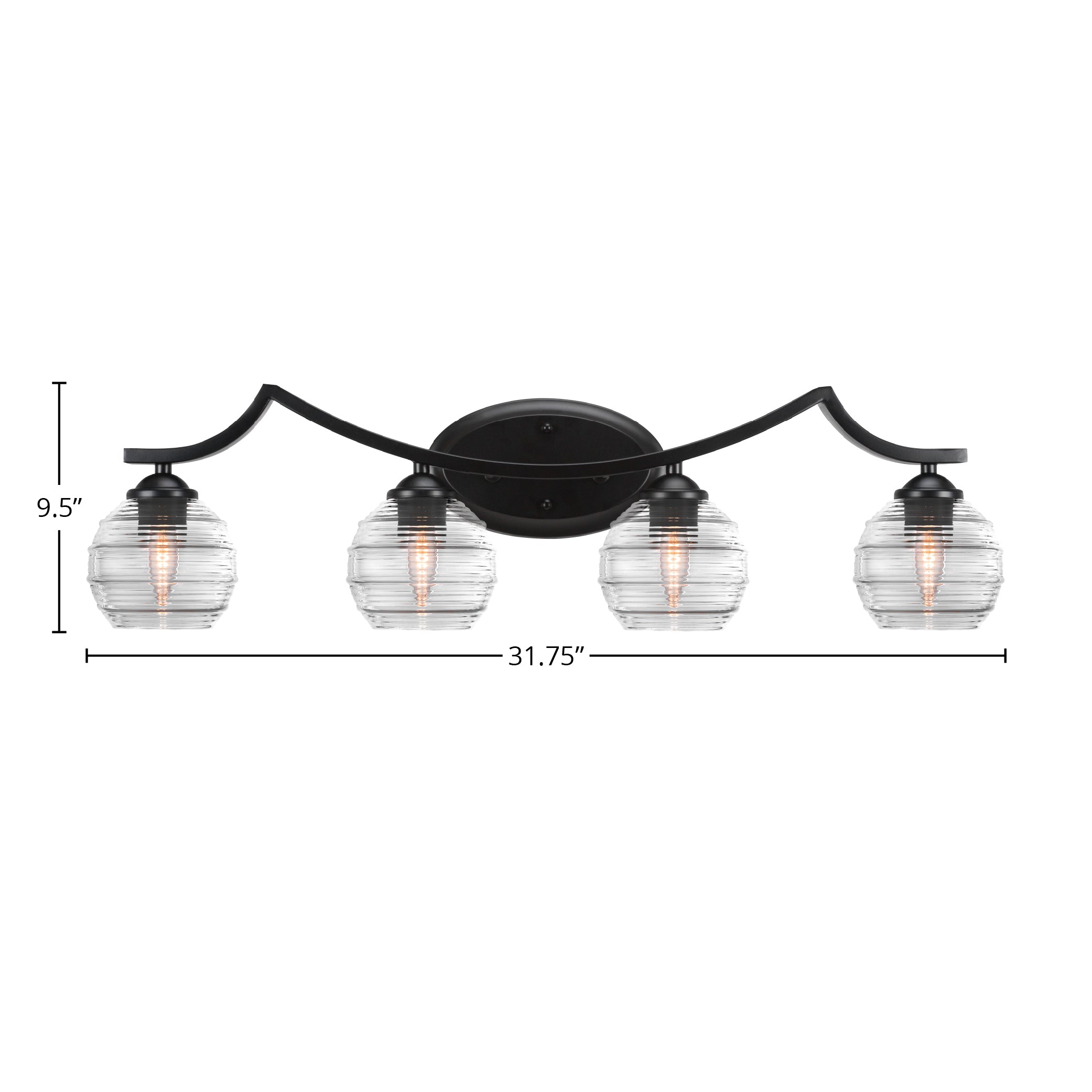 Zilo Four Light Bath Bar in Matte Black with 6" Clear Ribbed Shade