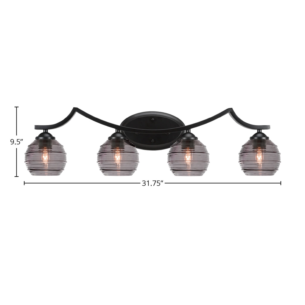 Zilo Four Light Bath Bar in Matte Black with 6" Smoke Ribbed Shade