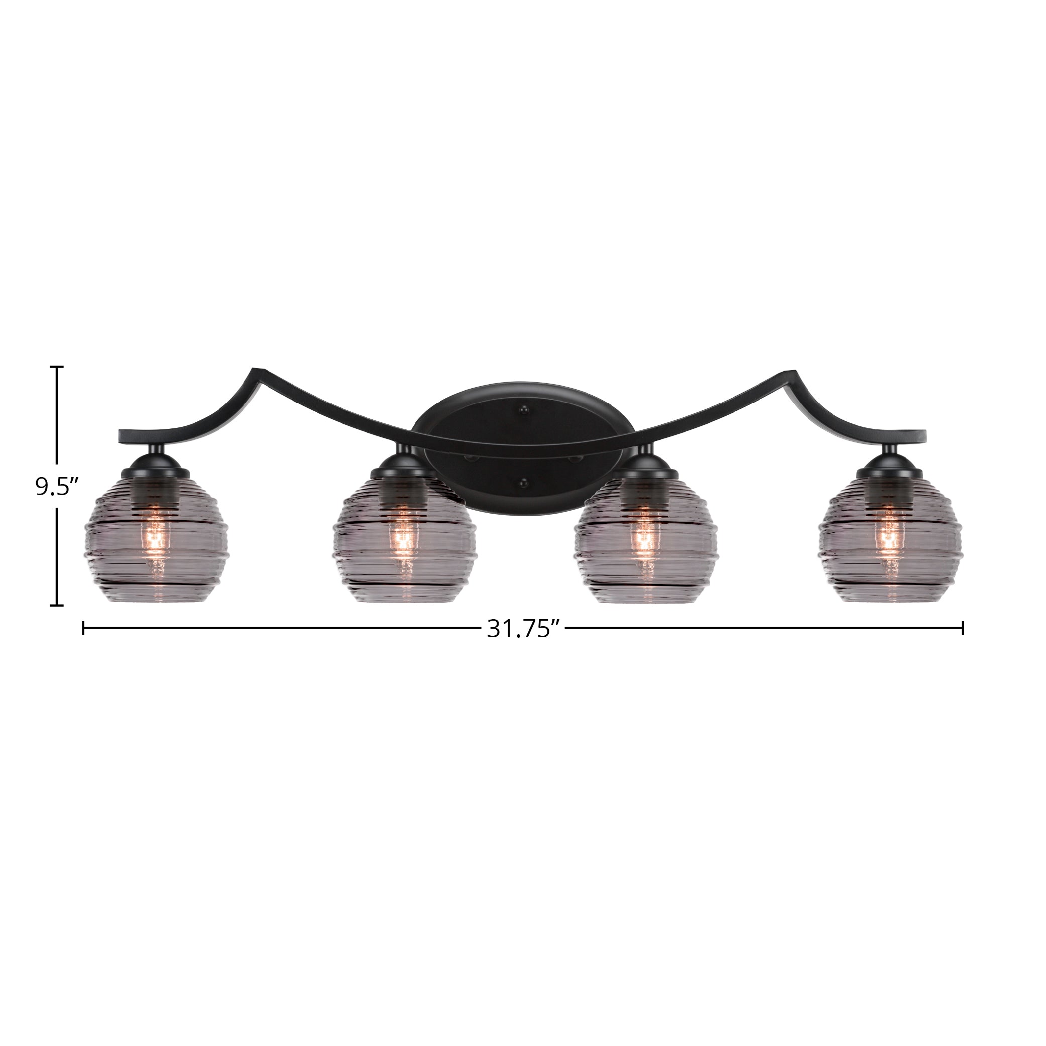 Zilo Four Light Bath Bar in Matte Black with 6" Smoke Ribbed Shade