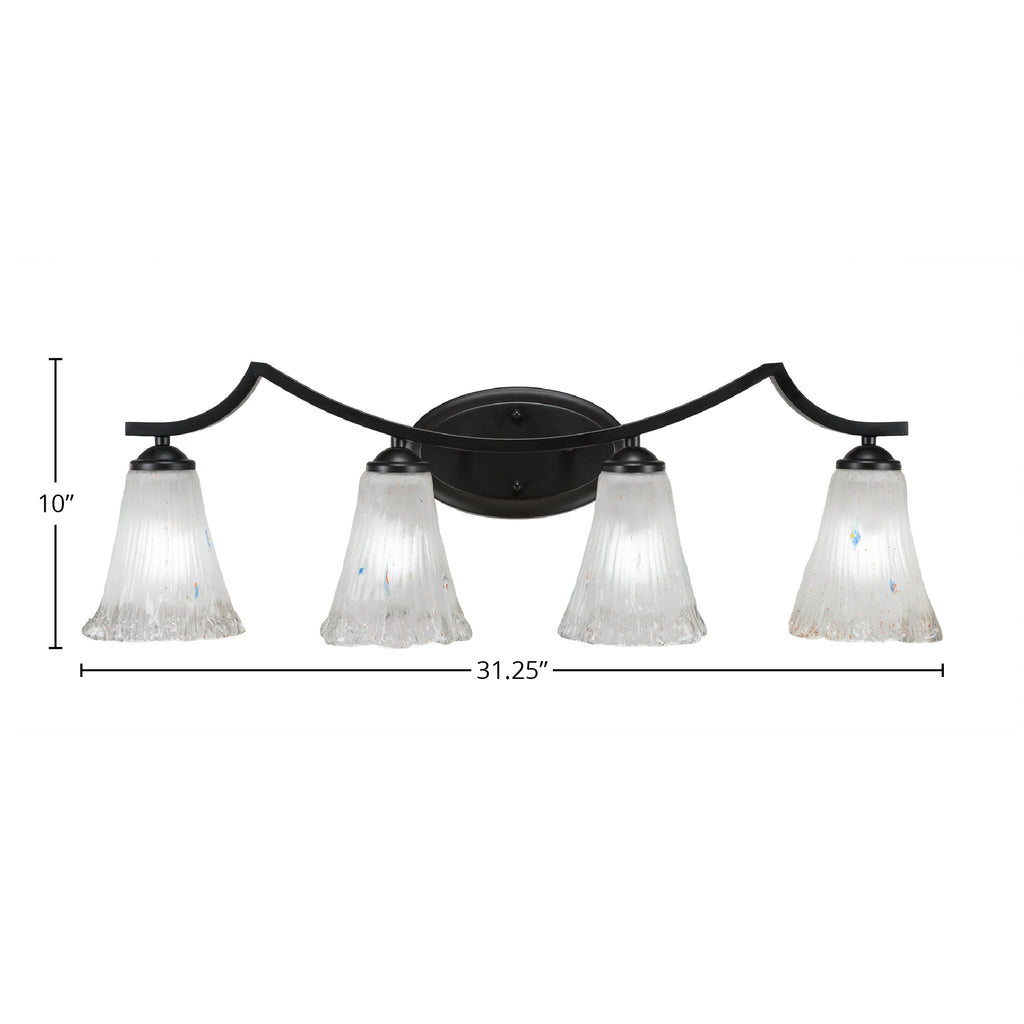 Zilo Four Light Bath Bar in Matte Black with 5.5" Fluted Frosted Crystal Shade