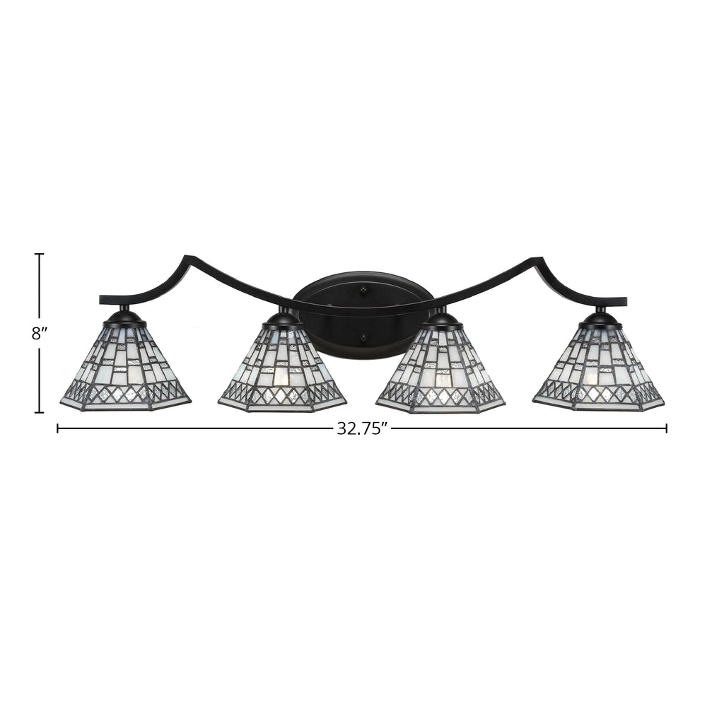 Zilo Four Light Bath Bar in Matte Black with 7" Pewter Art Glass Shade