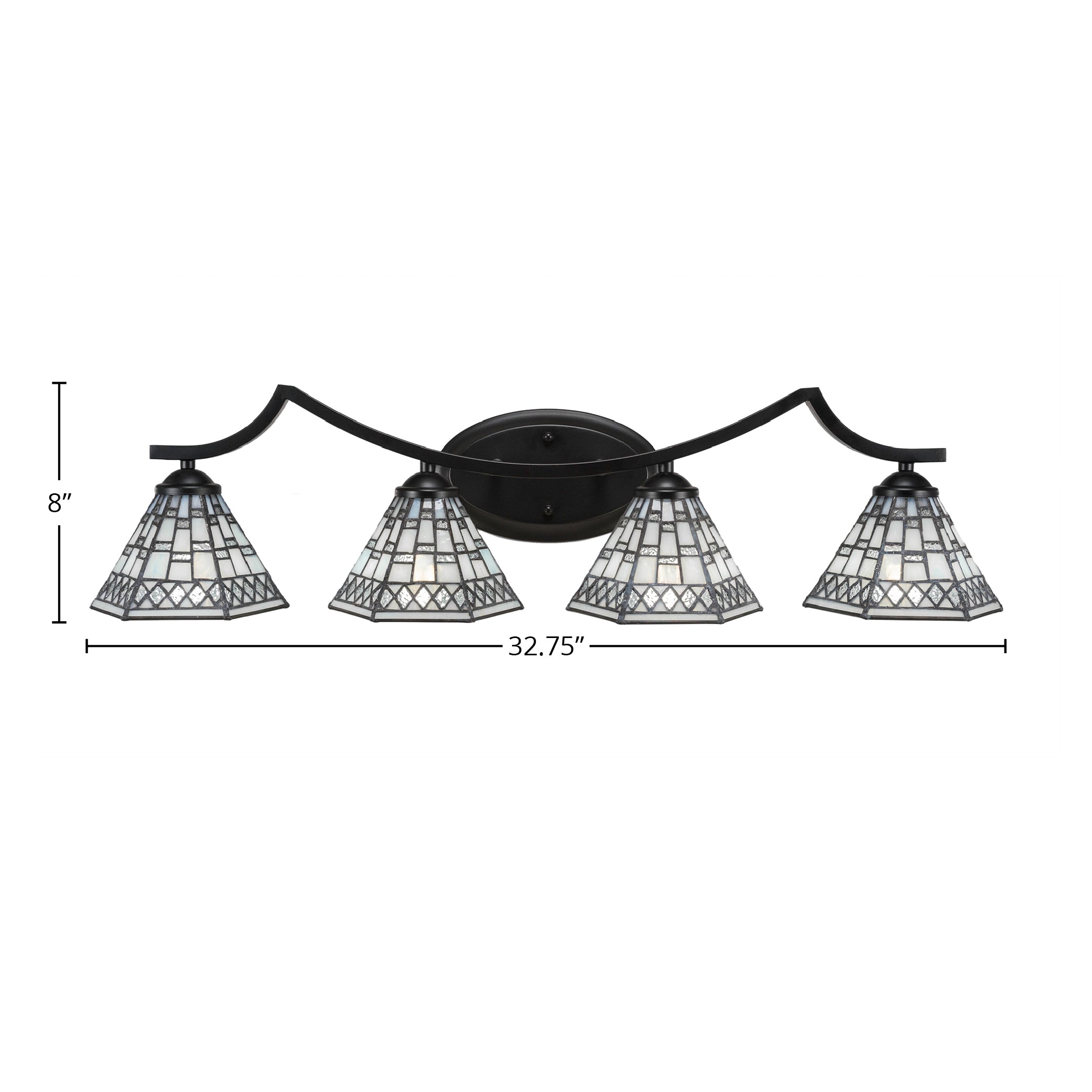 Zilo Four Light Bath Bar in Matte Black with 7" Pewter Art Glass Shade