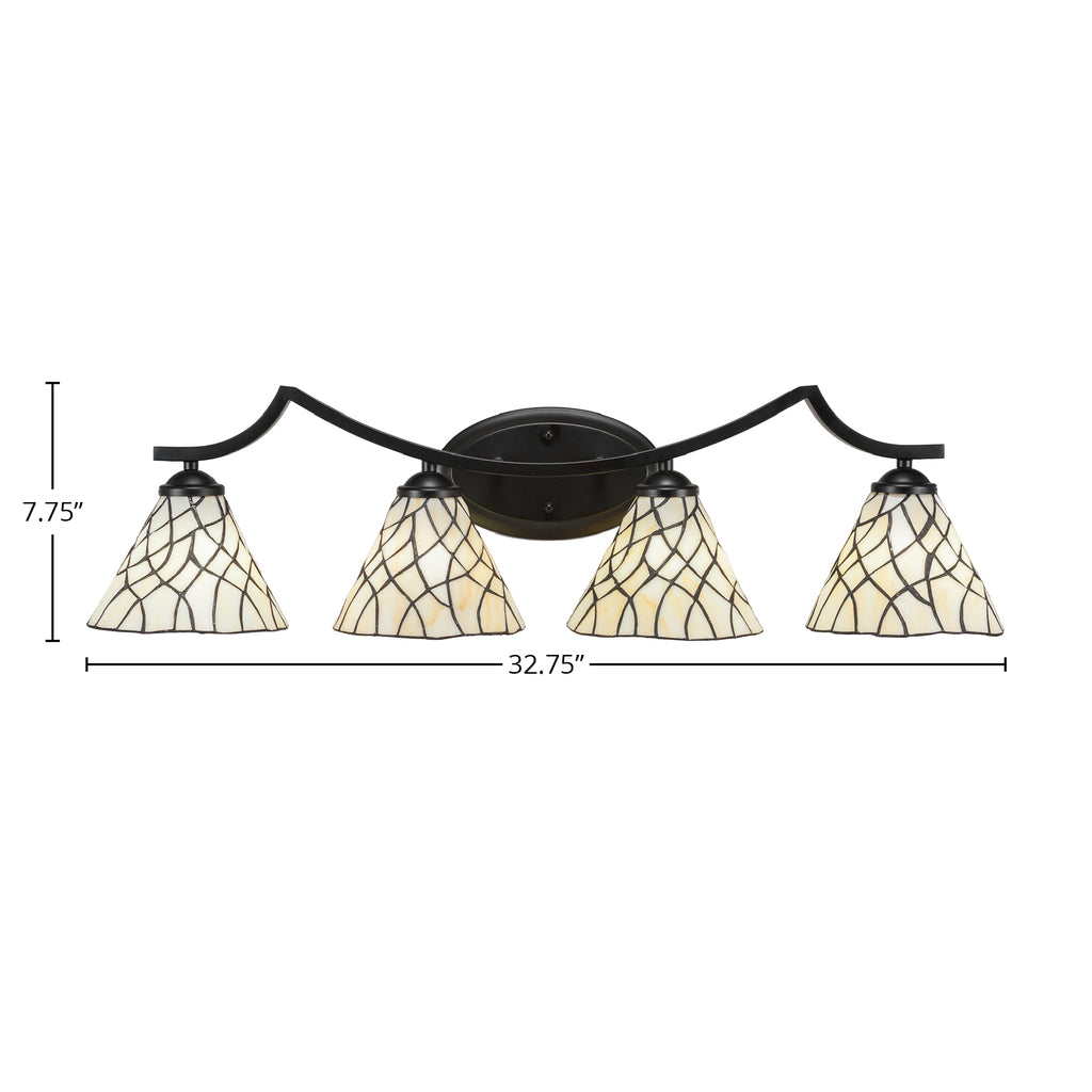 Zilo Four Light Bath Bar in Matte Black with 7" Sandhill Art Glass Shade