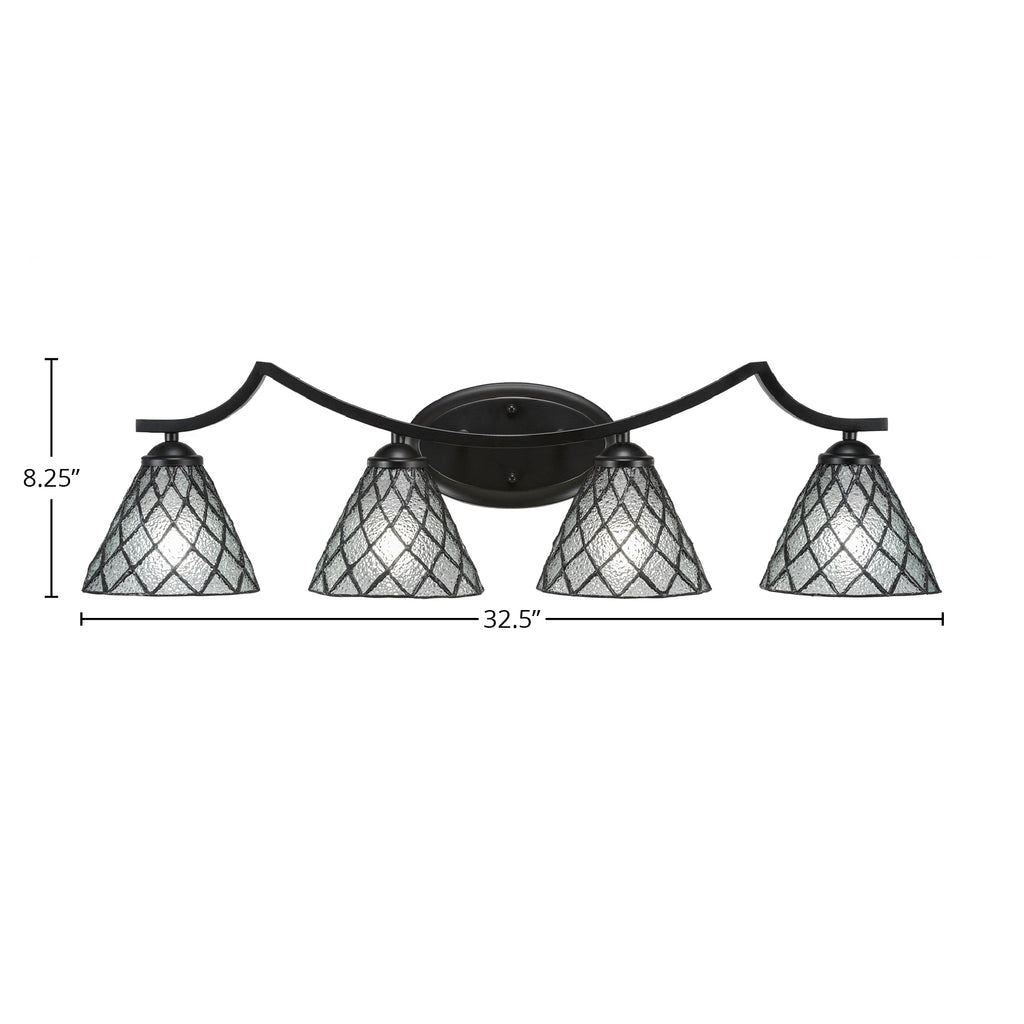 Zilo Four Light Bath Bar in Matte Black with 7" Diamond Ice Art Glass Shade