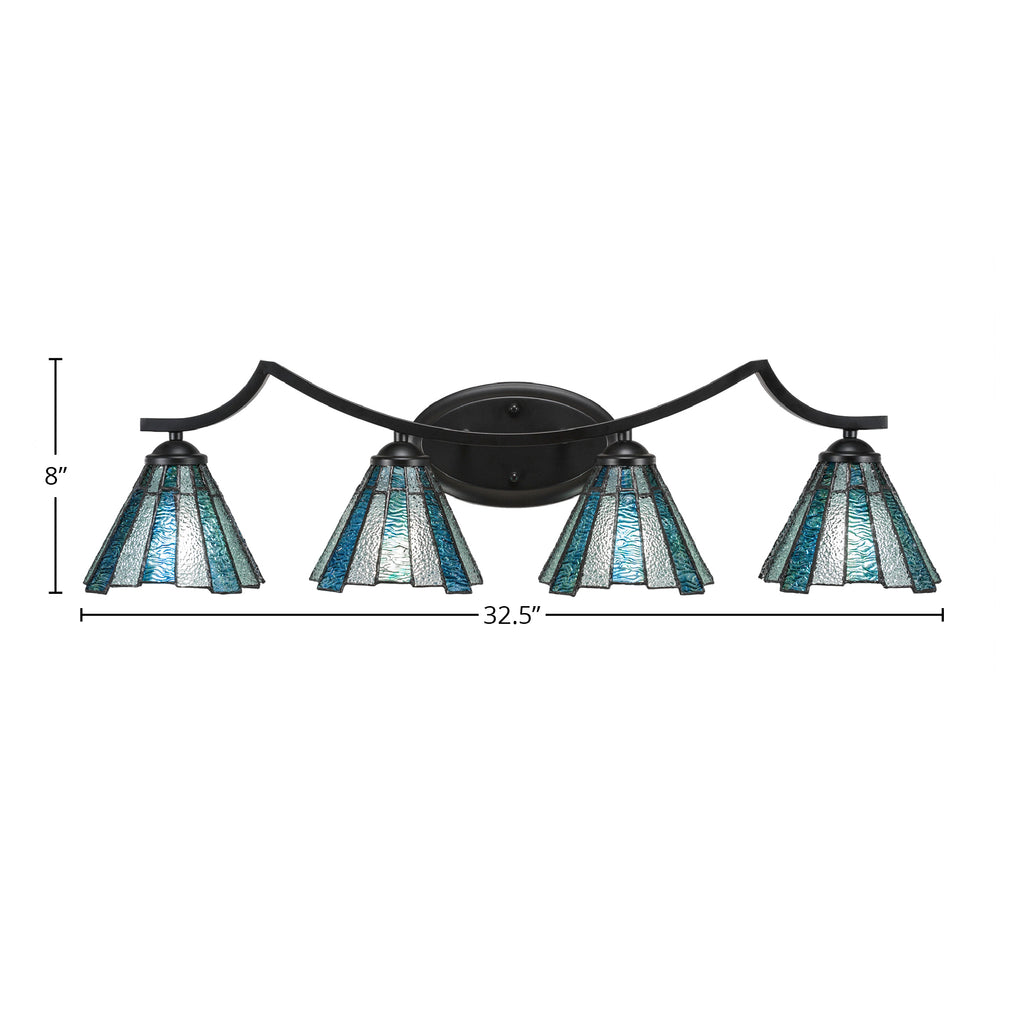 Zilo Four Light Bath Bar in Matte Black with 7" Sea Ice Art Glass Shade