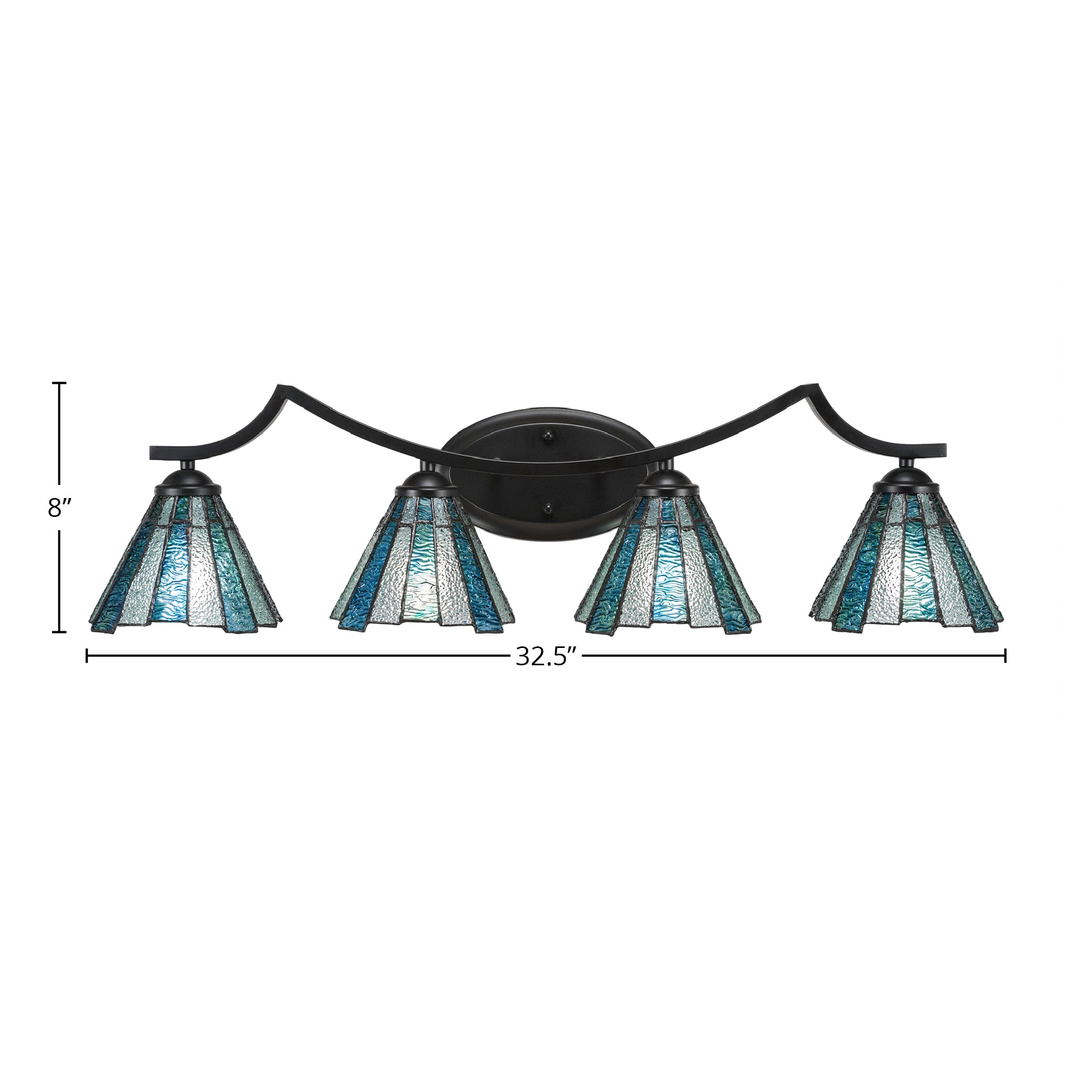 Zilo Four Light Bath Bar in Matte Black with 7" Sea Ice Art Glass Shade
