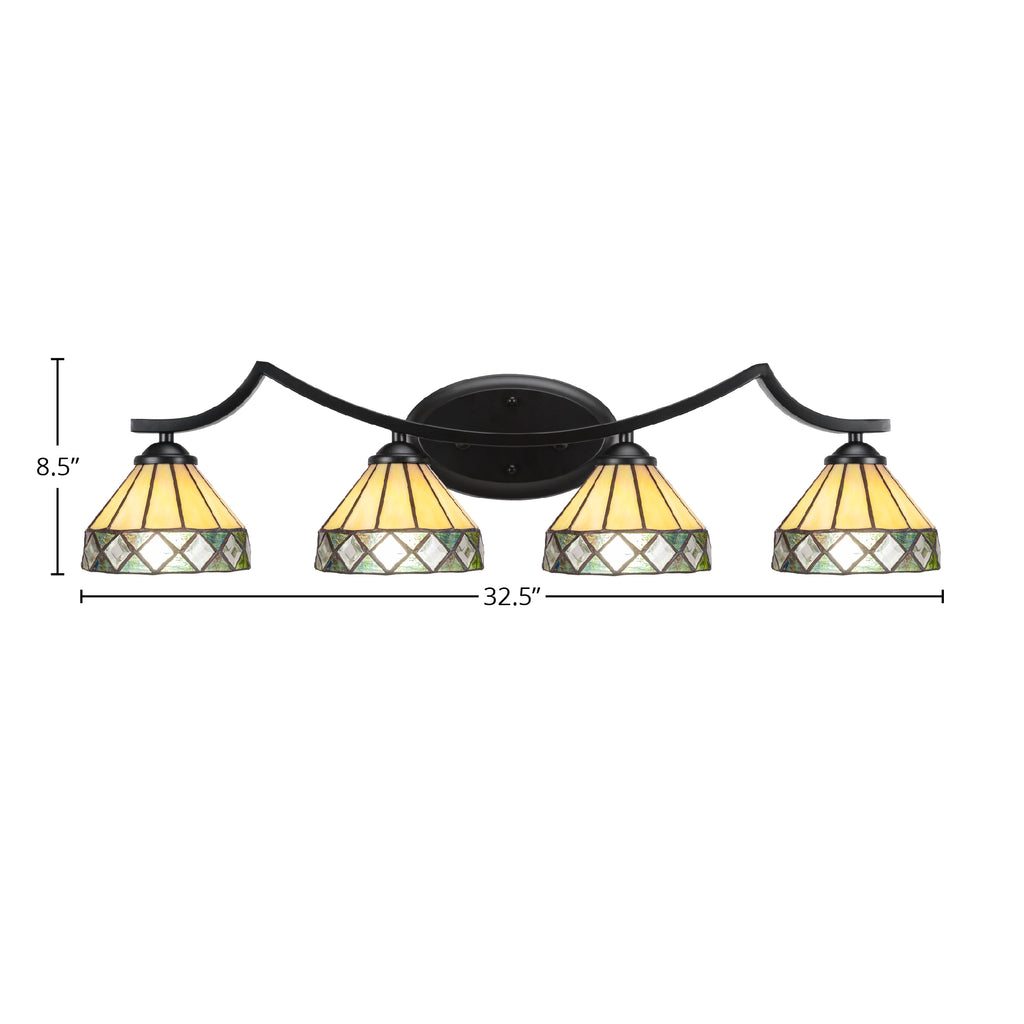 Zilo Four Light Bath Bar in Matte Black with 7" Diamond Peak Art Glass Shade