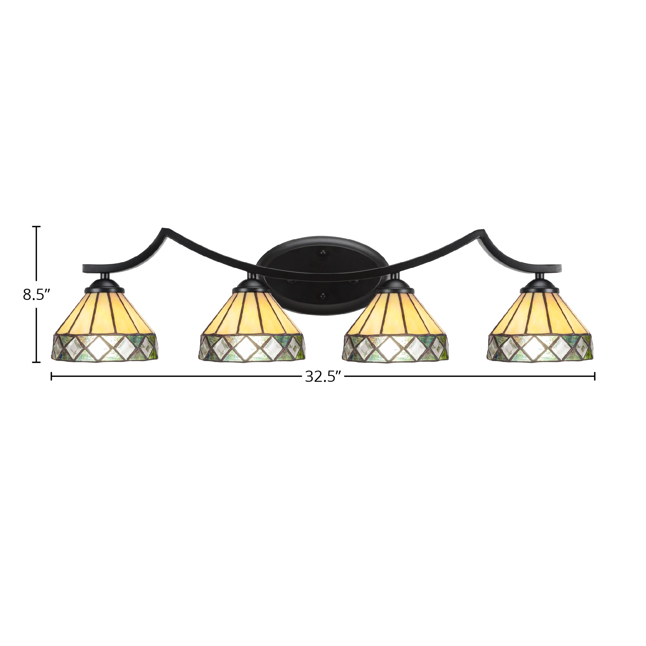Zilo Four Light Bath Bar in Matte Black with 7" Diamond Peak Art Glass Shade