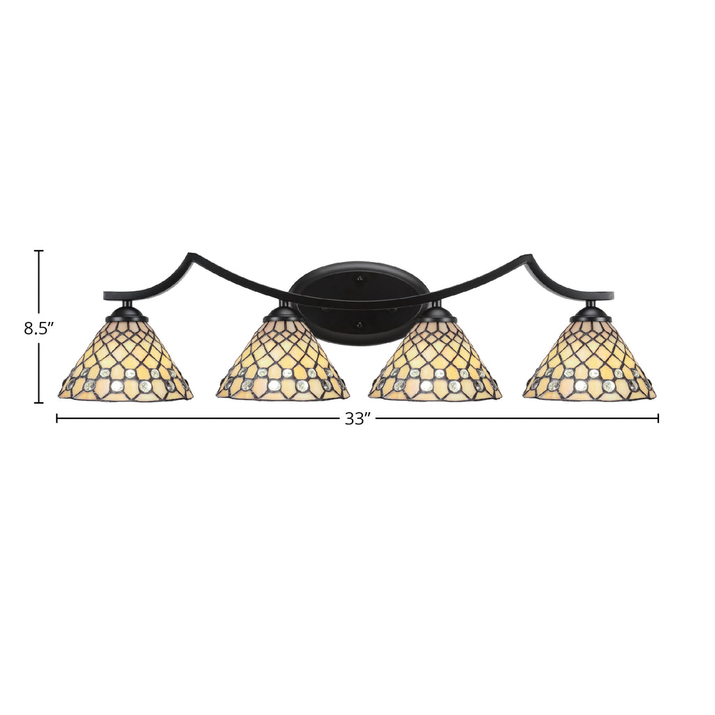 Zilo Four Light Bath Bar in Matte Black with 7" Starlight Art Glass Shade