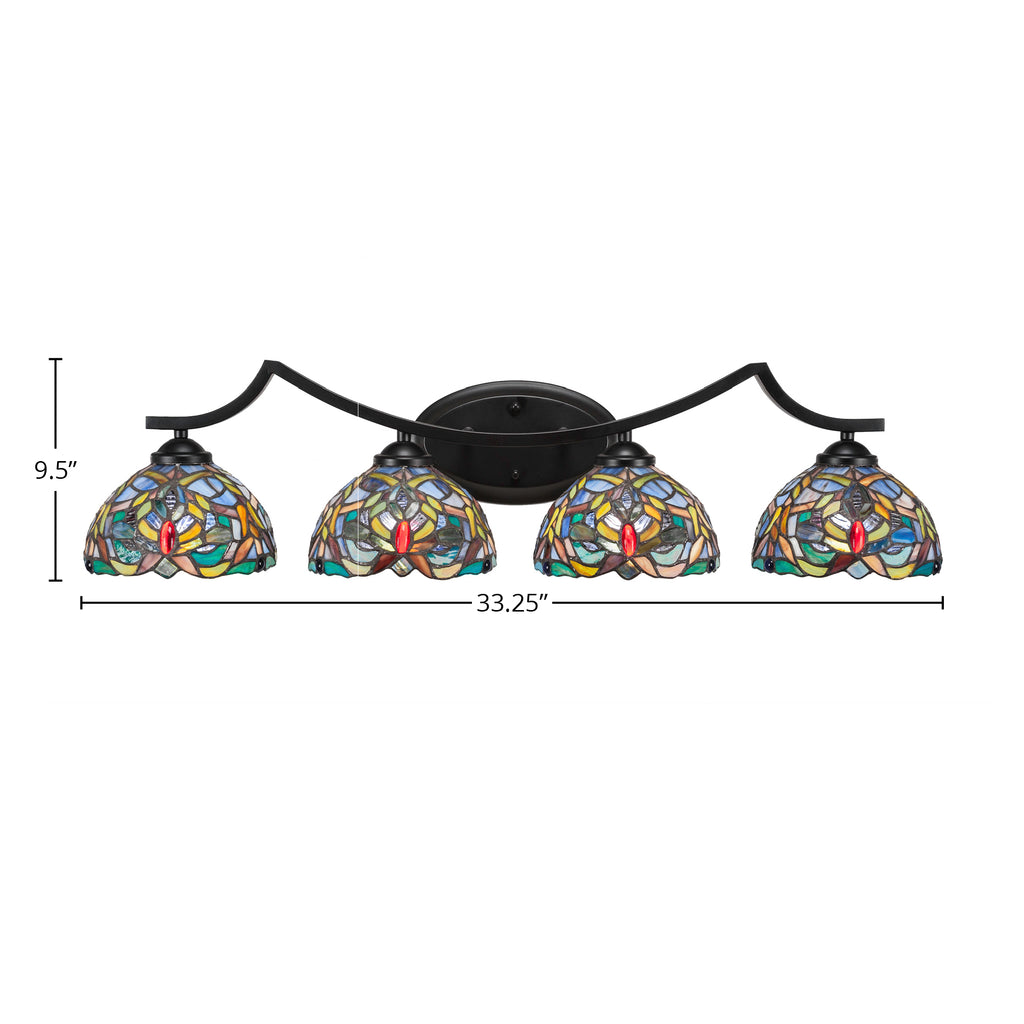 Zilo Four Light Bath Bar in Matte Black with 7" Kaleidoscope Art Glass Shade