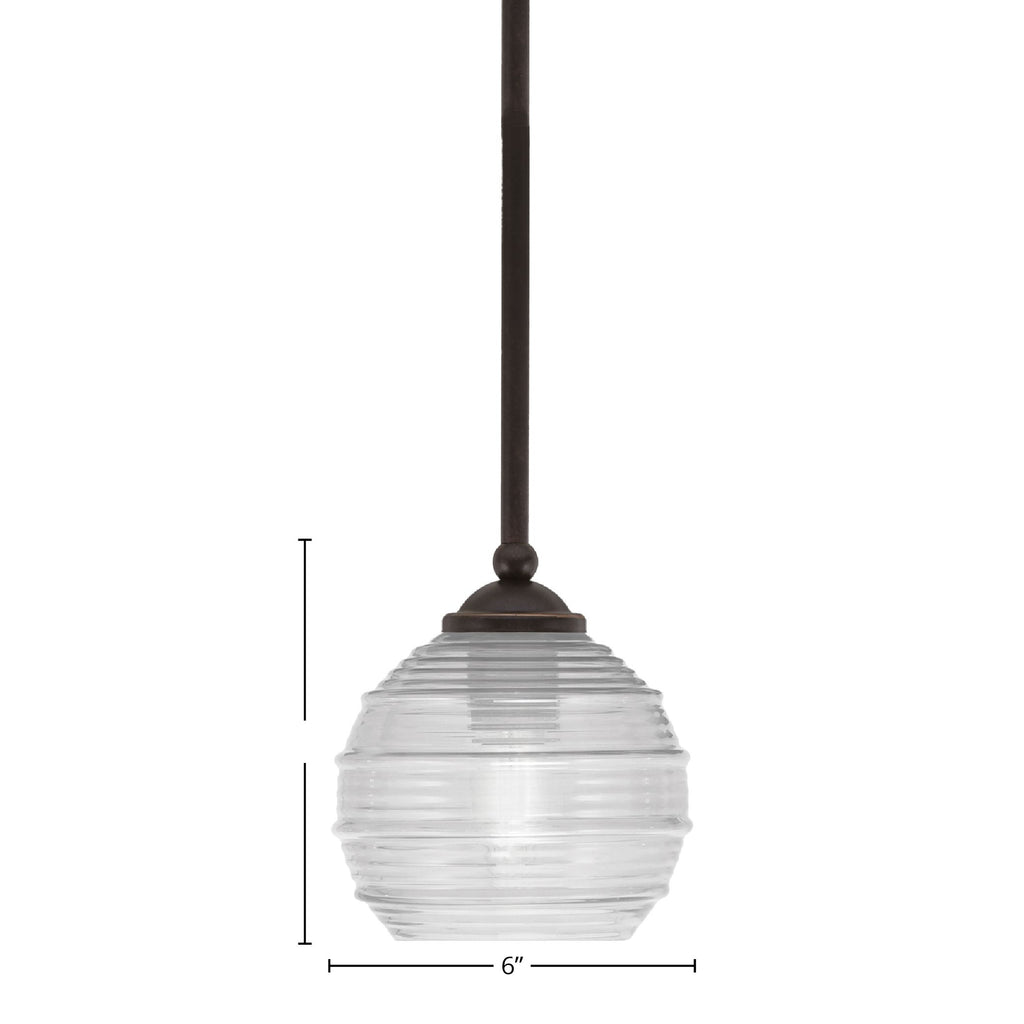 Zilo One Light Mini Pendant in Dark Granite with 6" Clear Ribbed Shade