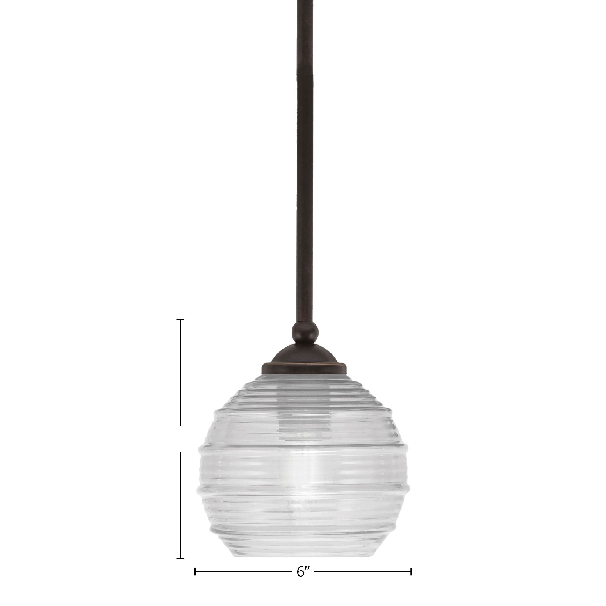 Zilo One Light Mini Pendant in Dark Granite with 6" Clear Ribbed Shade
