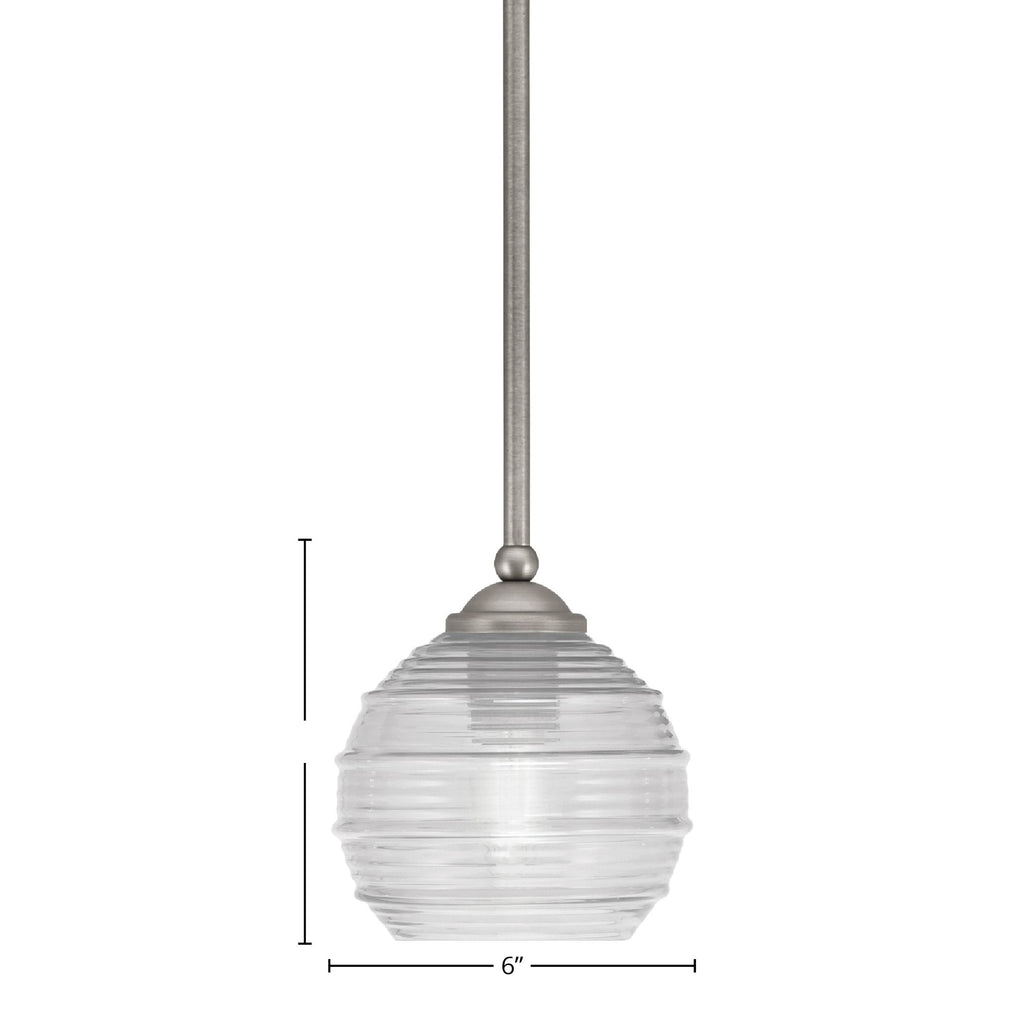 Zilo One Light Mini Pendant in Graphite with 6" Clear Ribbed Shade