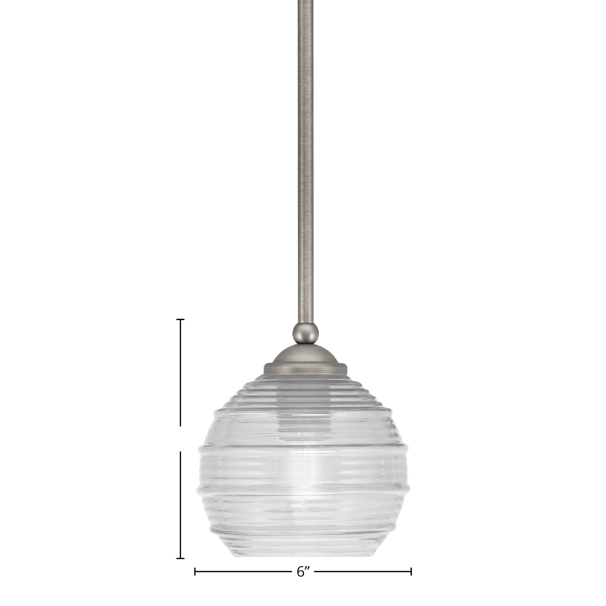 Zilo One Light Mini Pendant in Graphite with 6" Clear Ribbed Shade