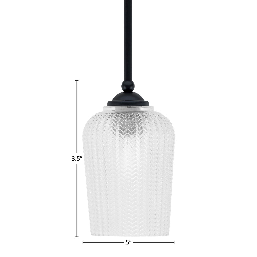 Zilo One Light Mini Pendant in Matte Black with 5" Clear Textured Shade