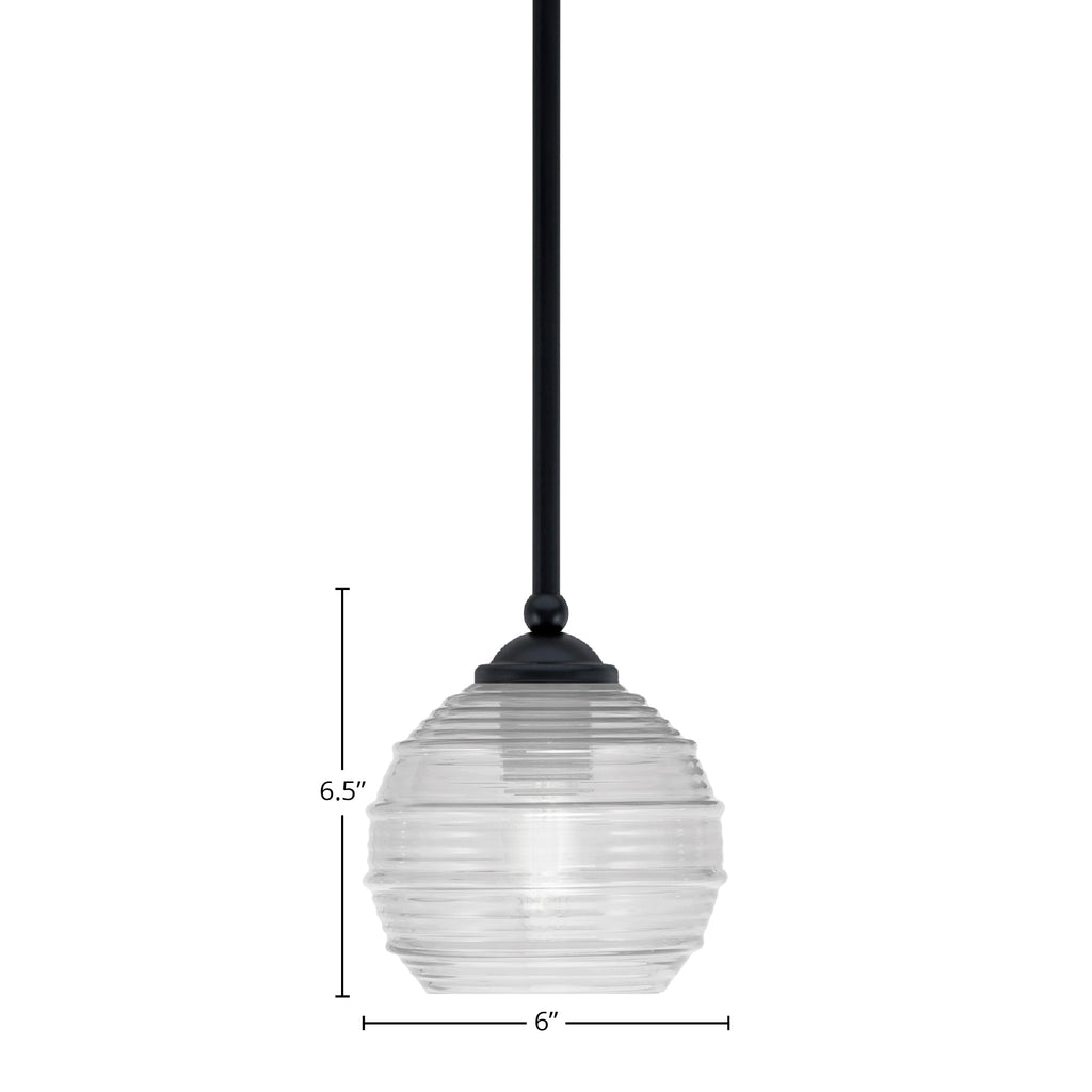 Zilo One Light Mini Pendant in Matte Black with 6" Clear Ribbed Shade