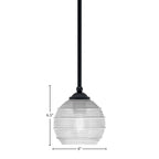 Zilo One Light Mini Pendant in Matte Black with 6" Clear Ribbed Shade