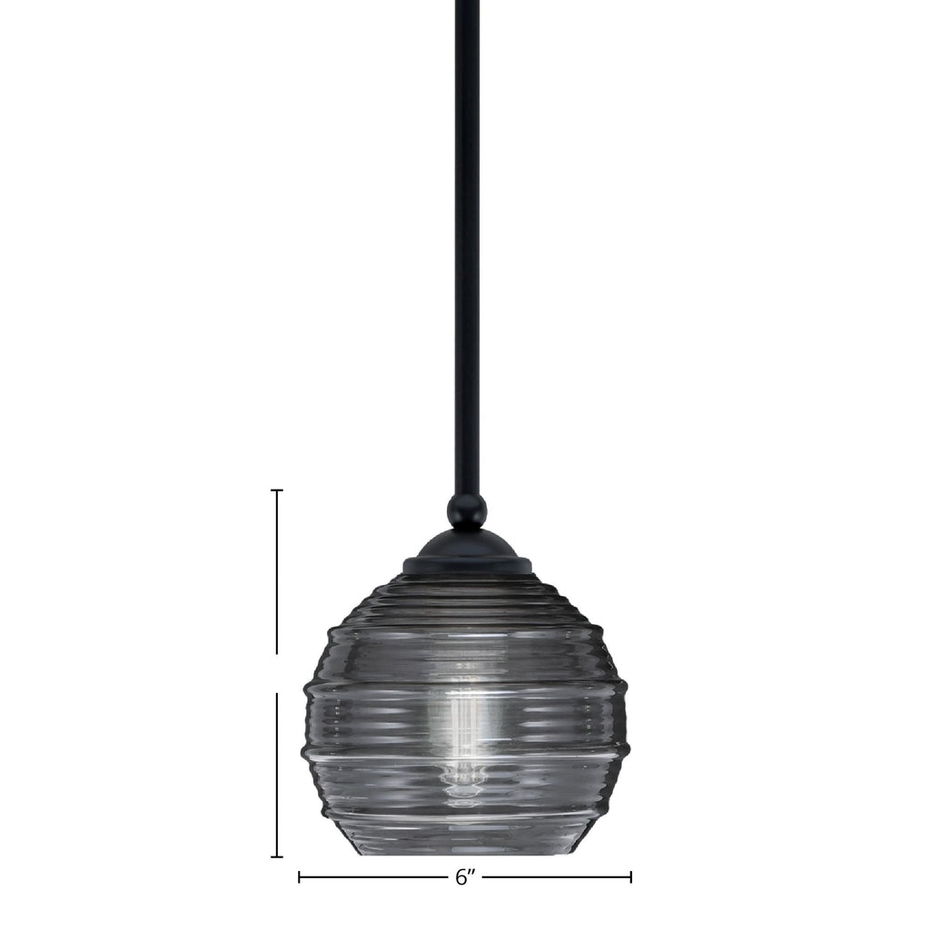 Zilo One Light Mini Pendant in Matte Black with 6" Smoke Ribbed Shade
