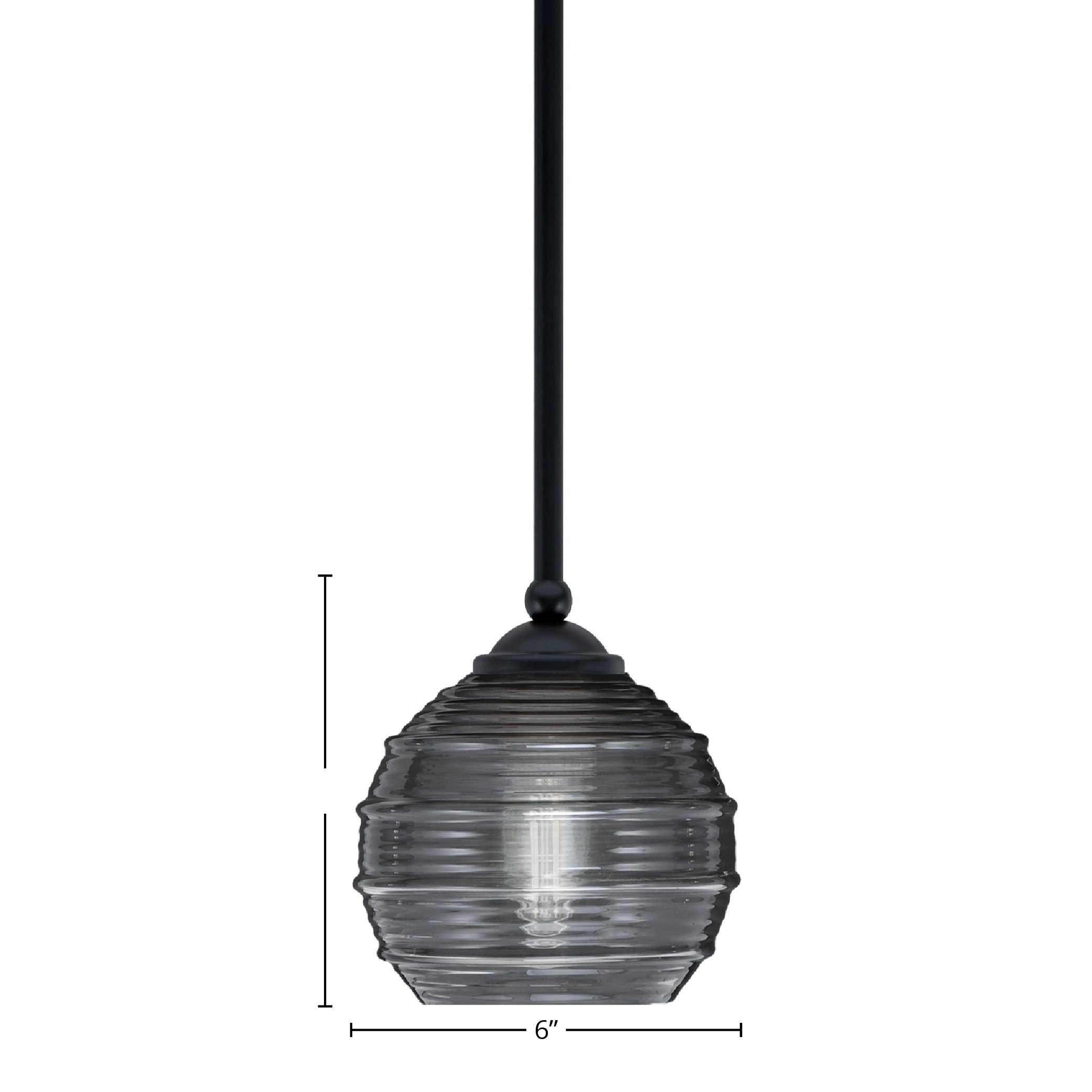 Zilo One Light Mini Pendant in Matte Black with 6" Smoke Ribbed Shade