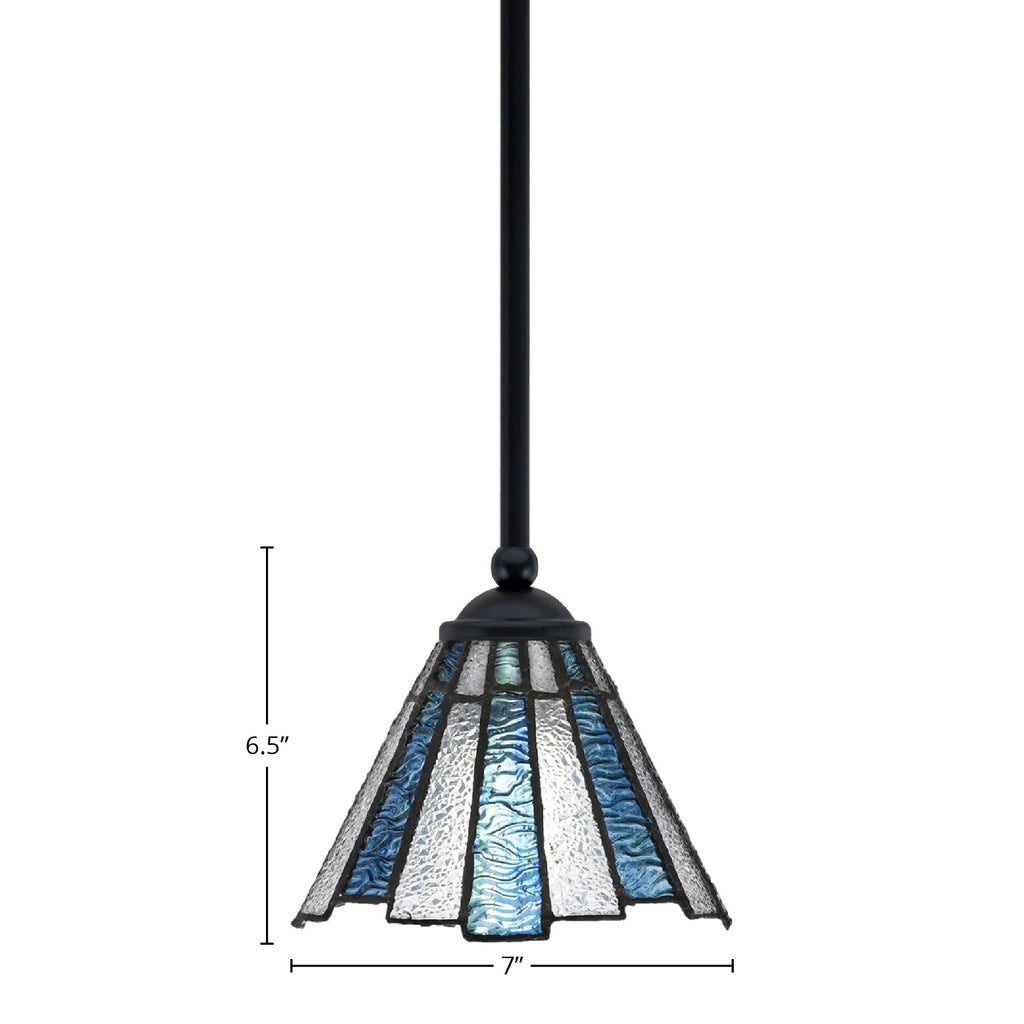 Zilo One Light Mini Pendant in Matte Black with 7" Sea Ice Art Glass Shade